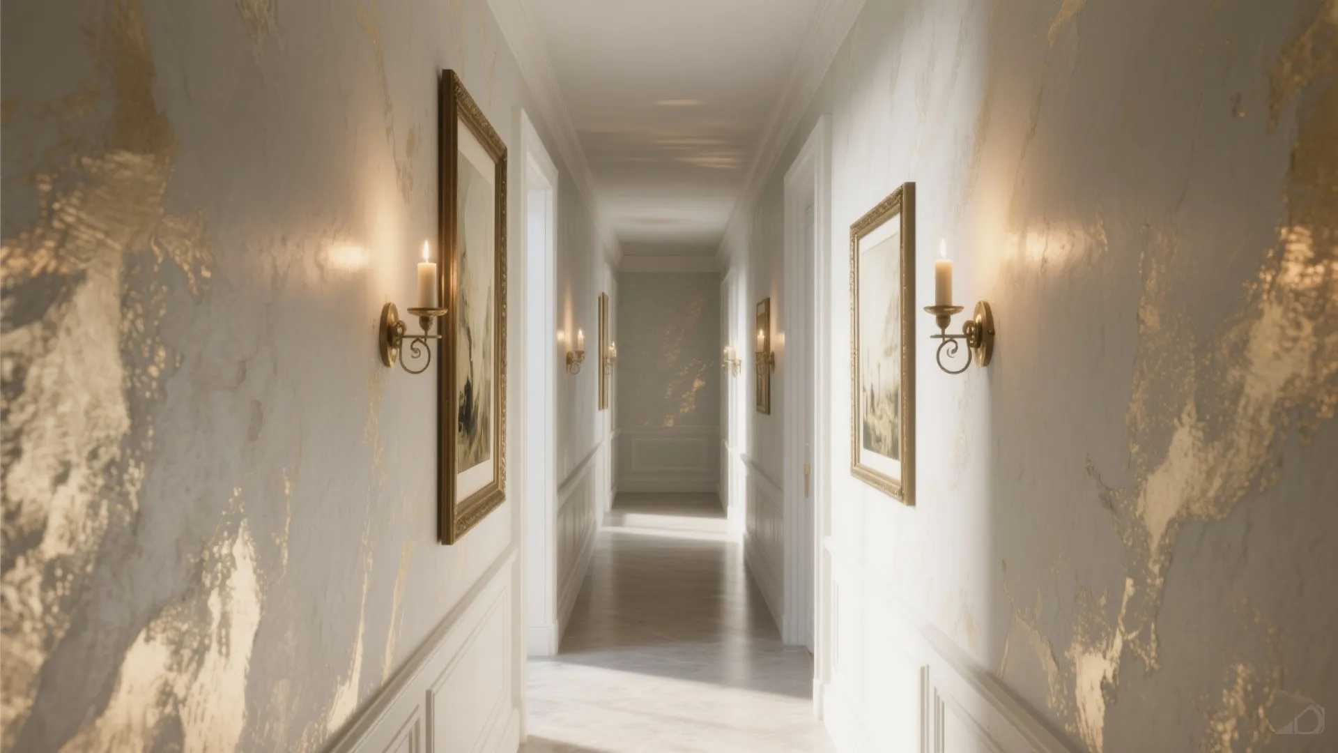 Narrow hallway with burnished Venetian plaster and champagne metallic wax, glowing softly.