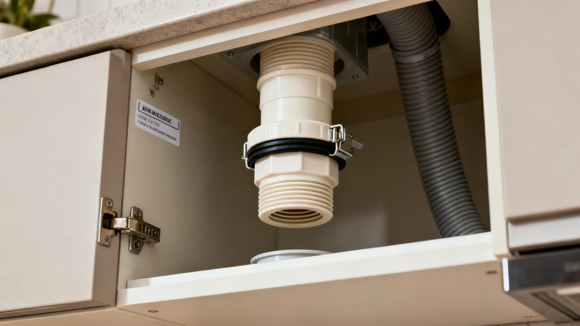 Close-up of an air admittance valve installed above a kitchen sink trap in a cabinet.