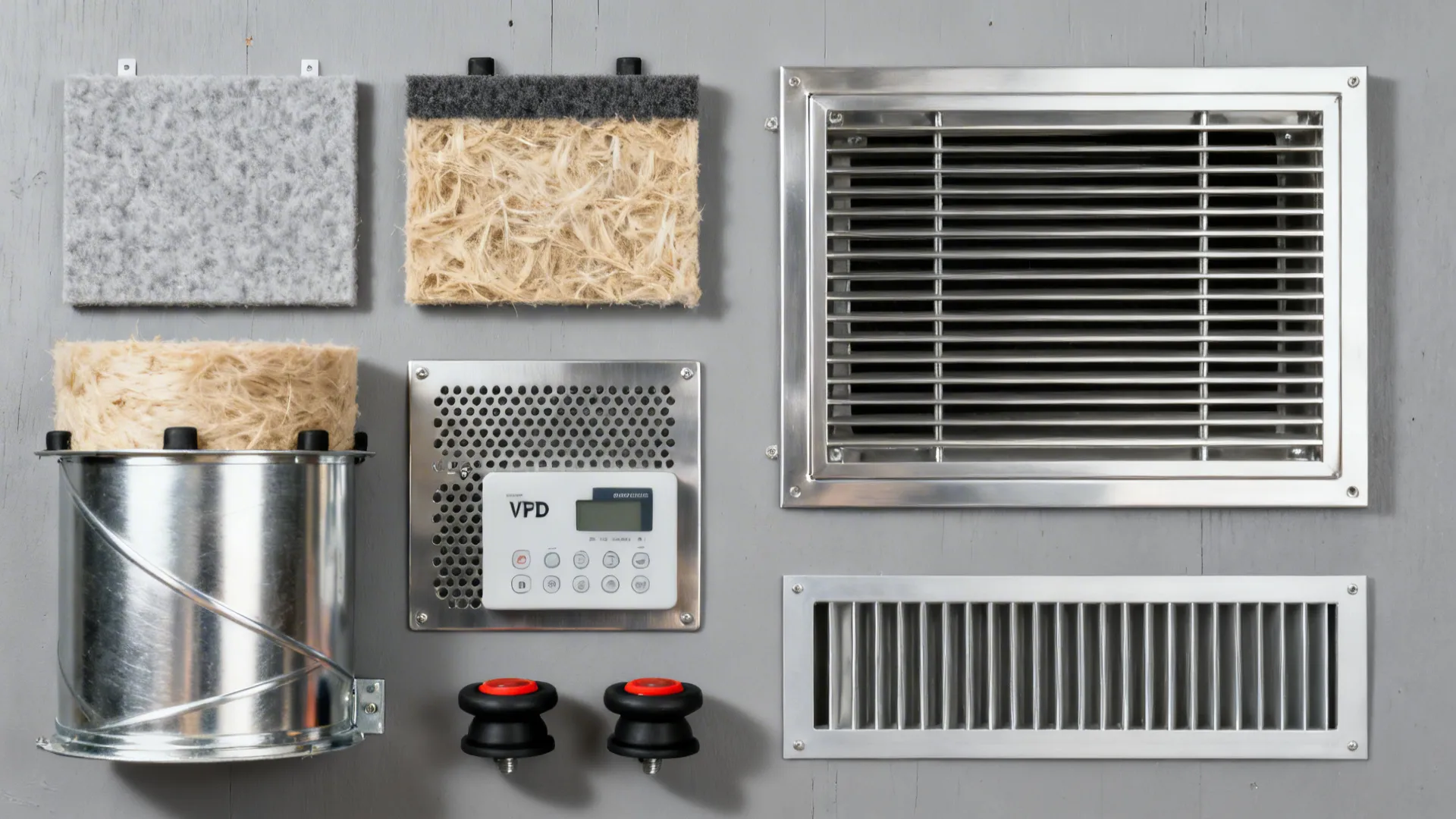 Flat lay of acoustic duct lining, baffle filters, VFD controls, and grilles.