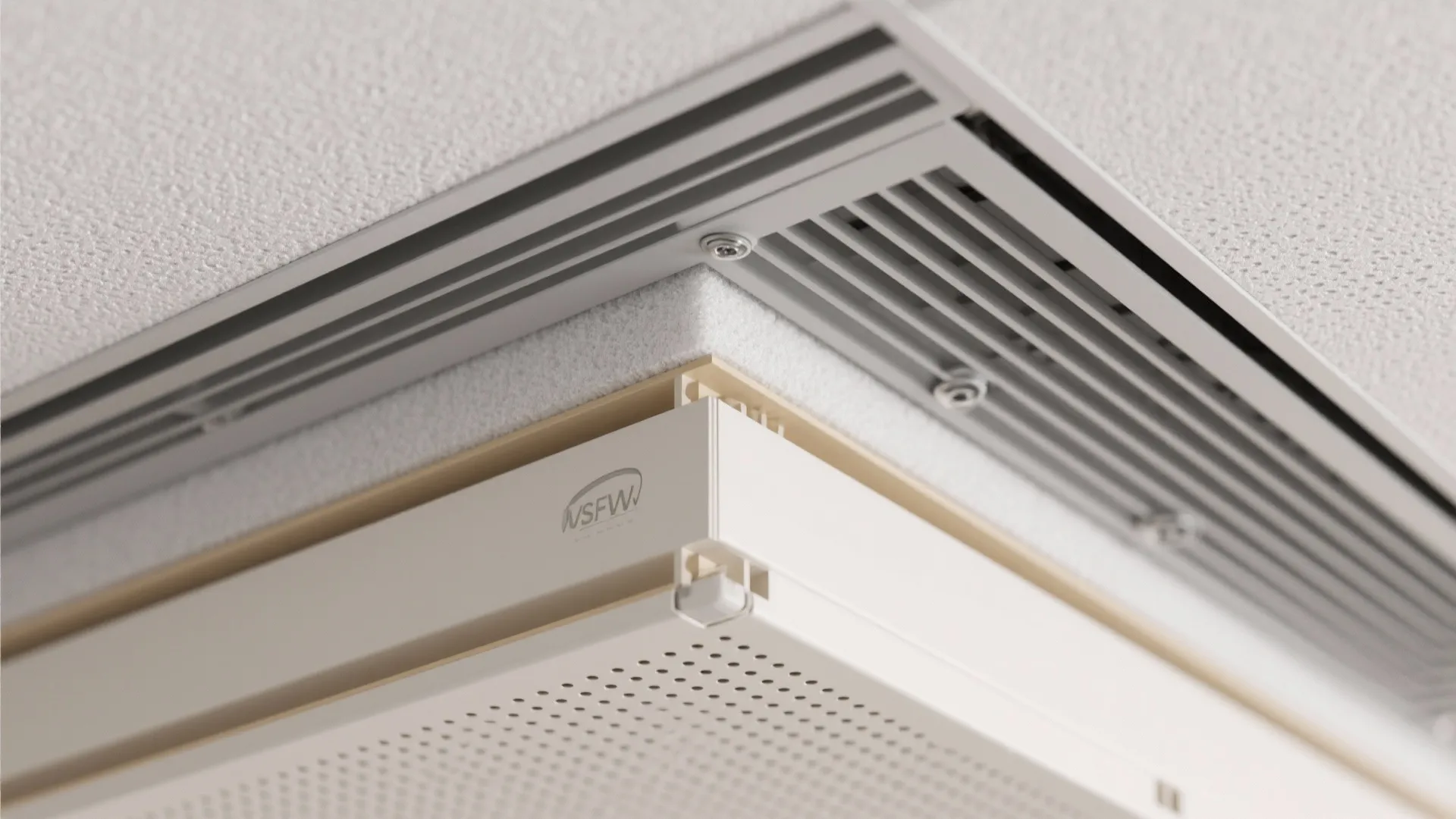 Cutaway macro of PVC ceiling with acoustic pad and vent grille detail.