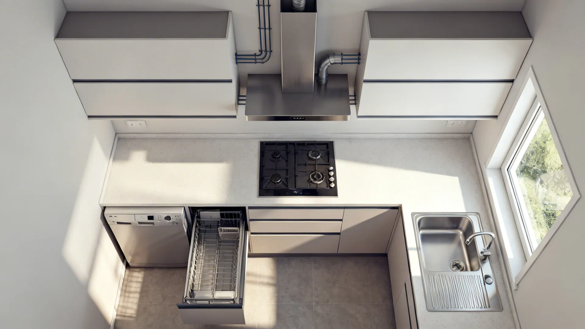 Top-down plan of a compact kitchen showing slim dishwasher, pull-out pantry, and hood placement.