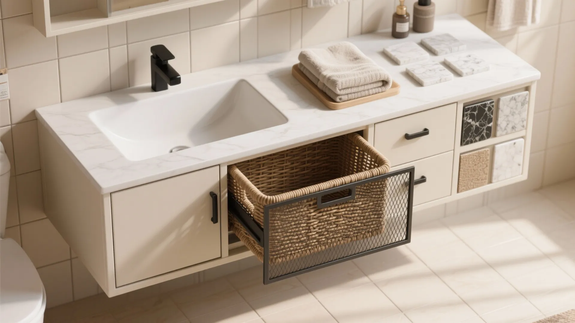 Top-down material flatlay with PU-coated MDF, mesh basket, wicker, hardware, and ceramic/quartz samples for modular vanity.