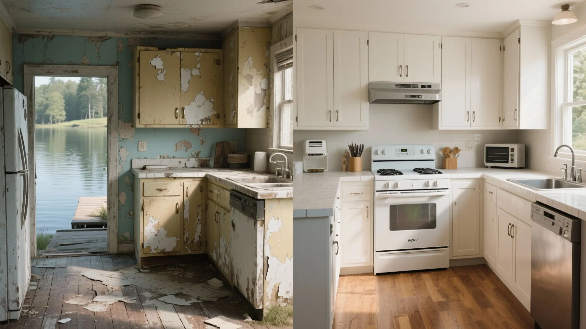 Before and after comparison of an old messy kitchen versus a clean modern white kitchen