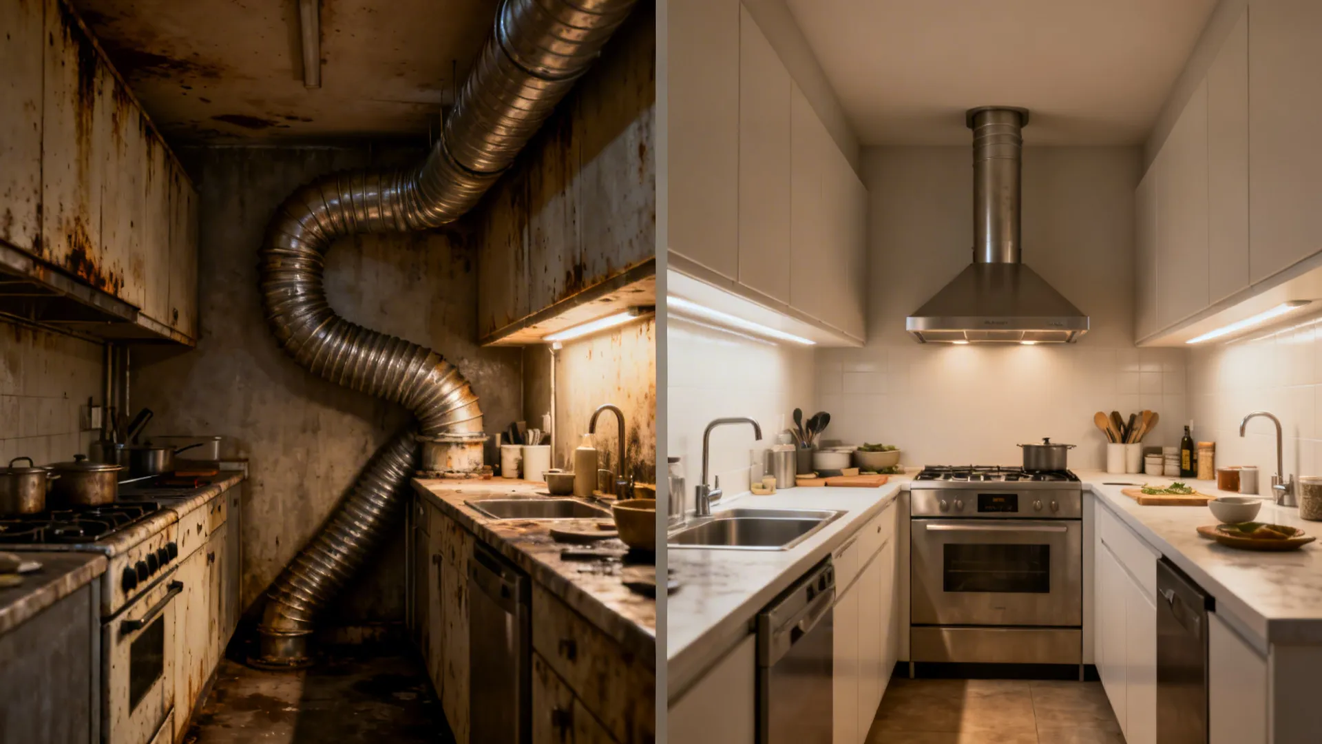 Before-after comparison showing improved ducting and cleaner finishes in a compact kitchen
