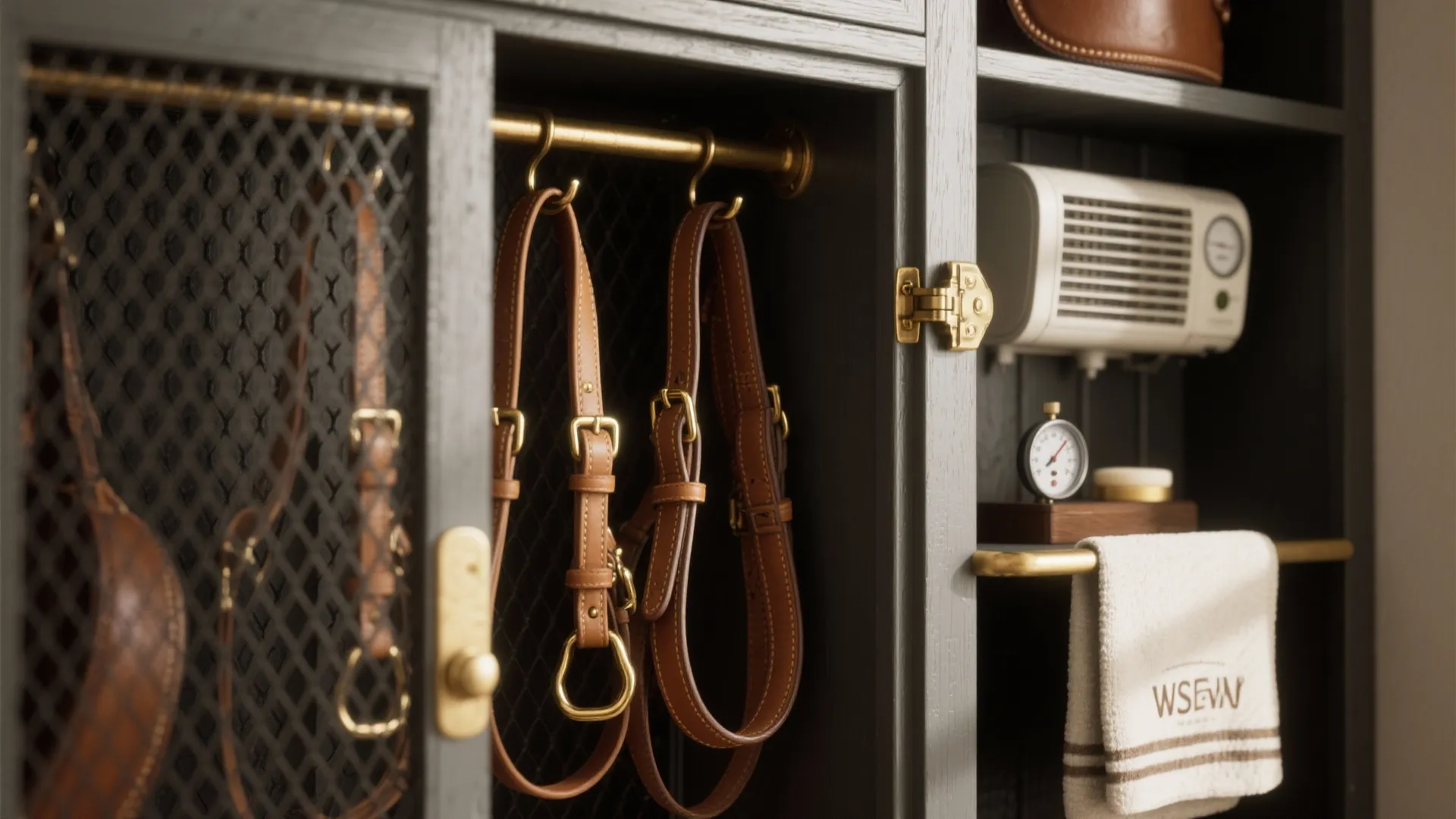 Macro of a ventilated bridle cabinet with a mesh door, hygrometer, and clean leather fittings in soft daylight.