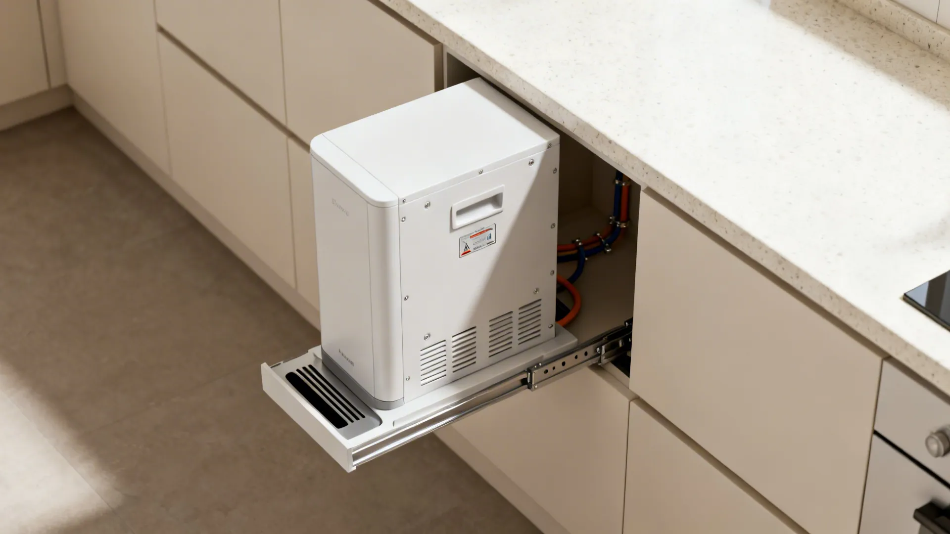 Top-down view of appliance tower ventilation slots and safe clearances inside cabinetry.