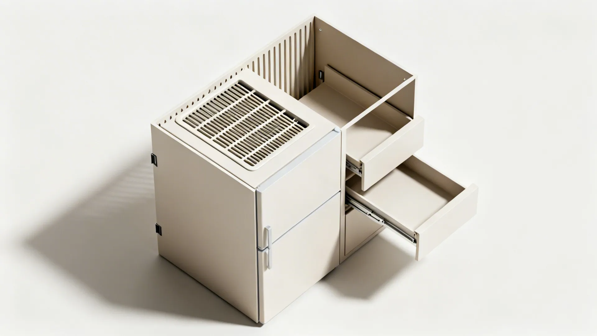Top-down view showing side and top ventilation clearances around a built-in refrigerator with slotted panels.