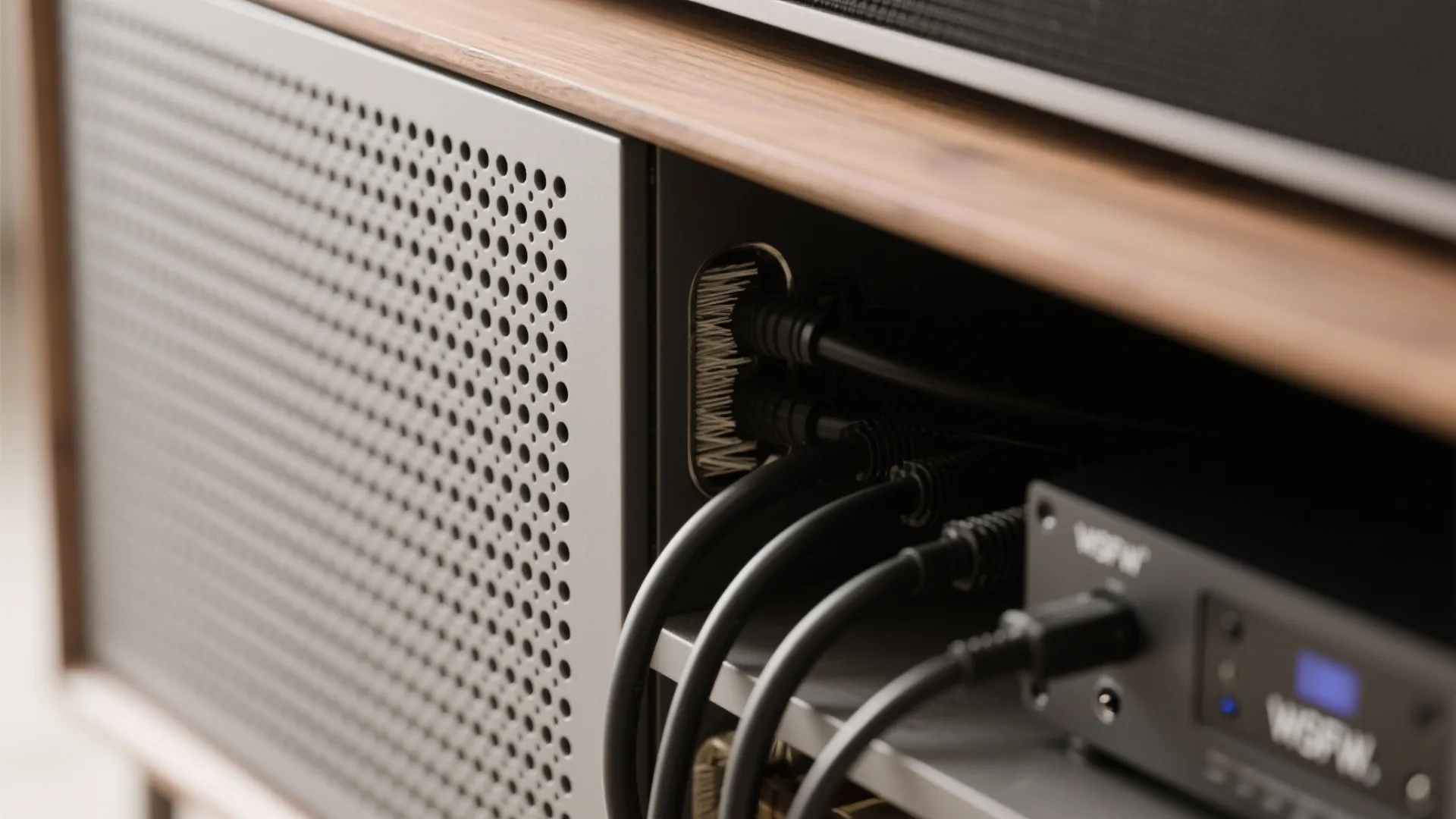Macro of a ventilated media console with brush grommet and tidy cables.