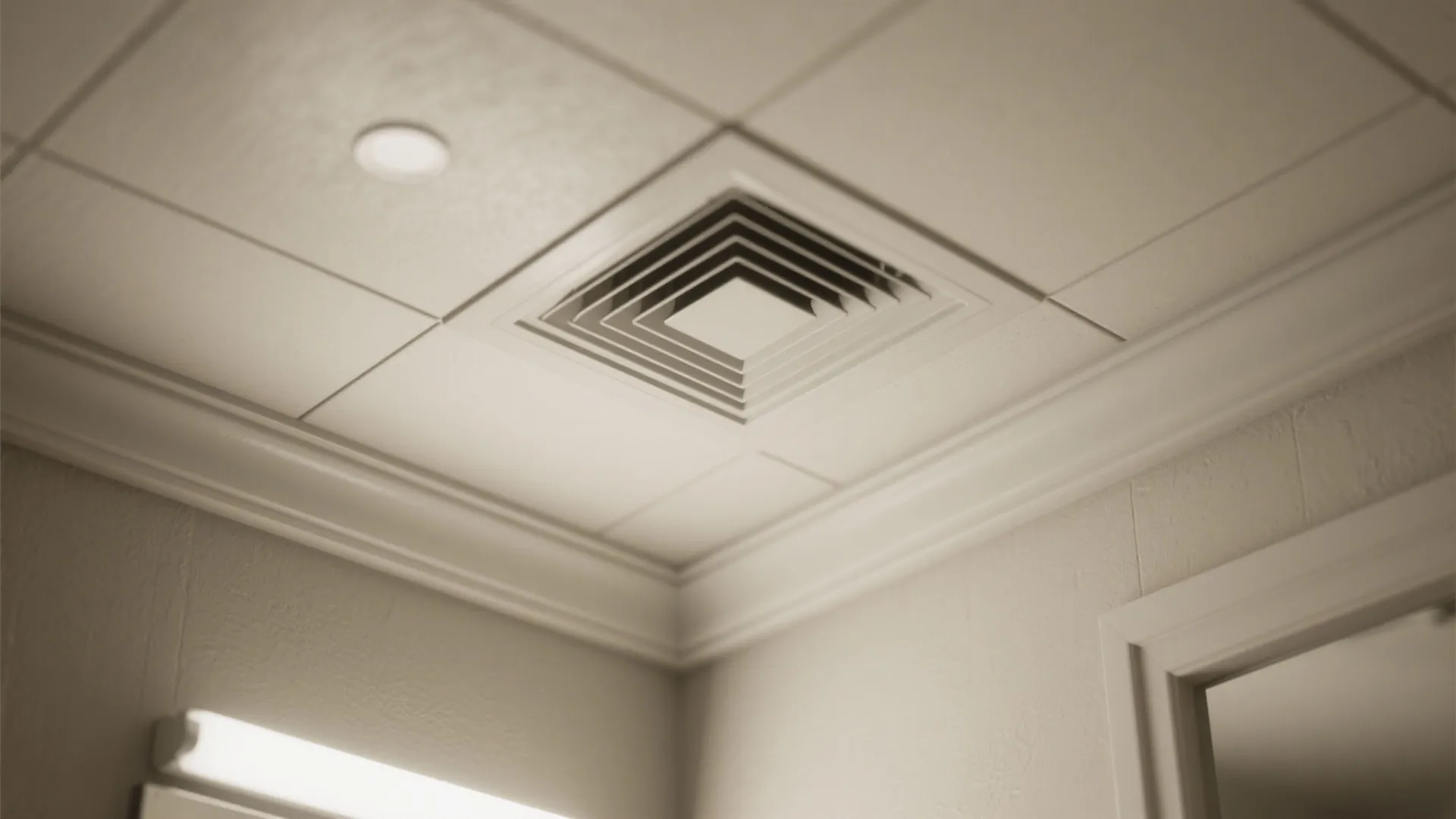Modern square air vent installed in a white tiled ceiling near a bright wall light