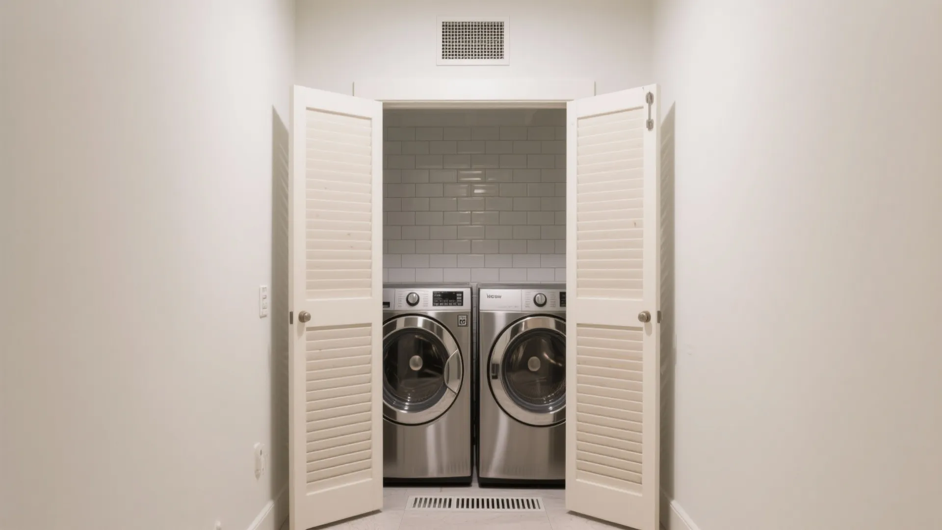 Modern laundry room featuring two silver washing machines behind white folding doors with tiled wall background