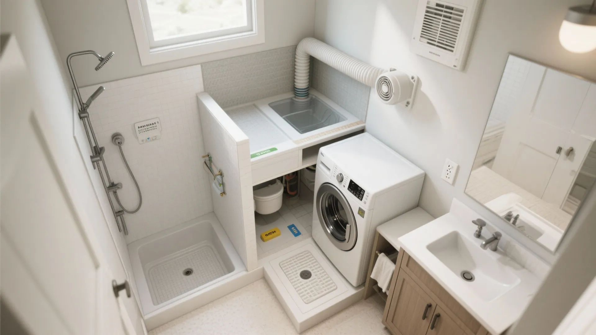 Small laundry room layout with shower area washing machine exhaust fan and white bathroom sink
