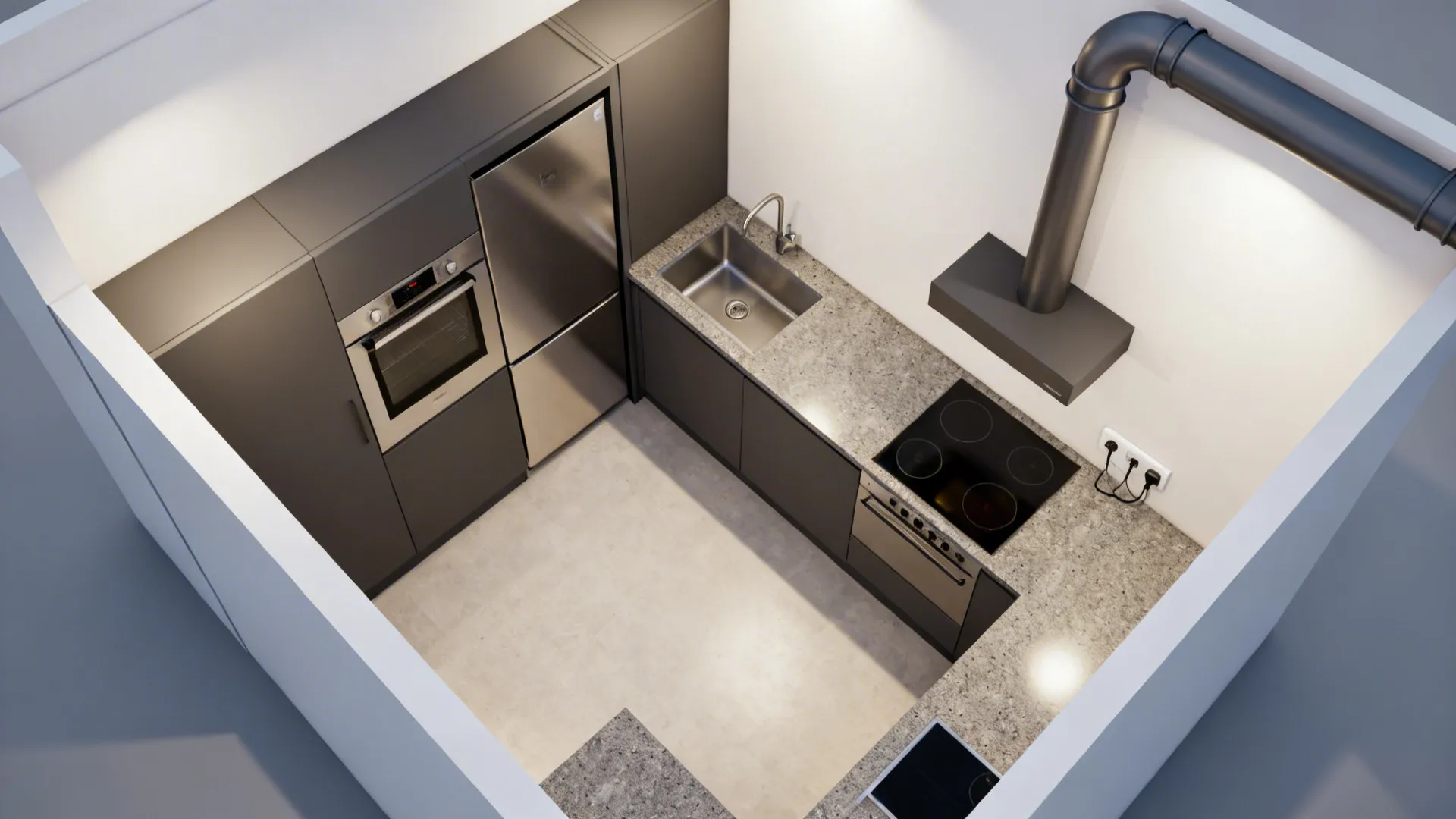 Interior design drawing of small kitchen with grey cabinets stone counter and black exhaust pipe