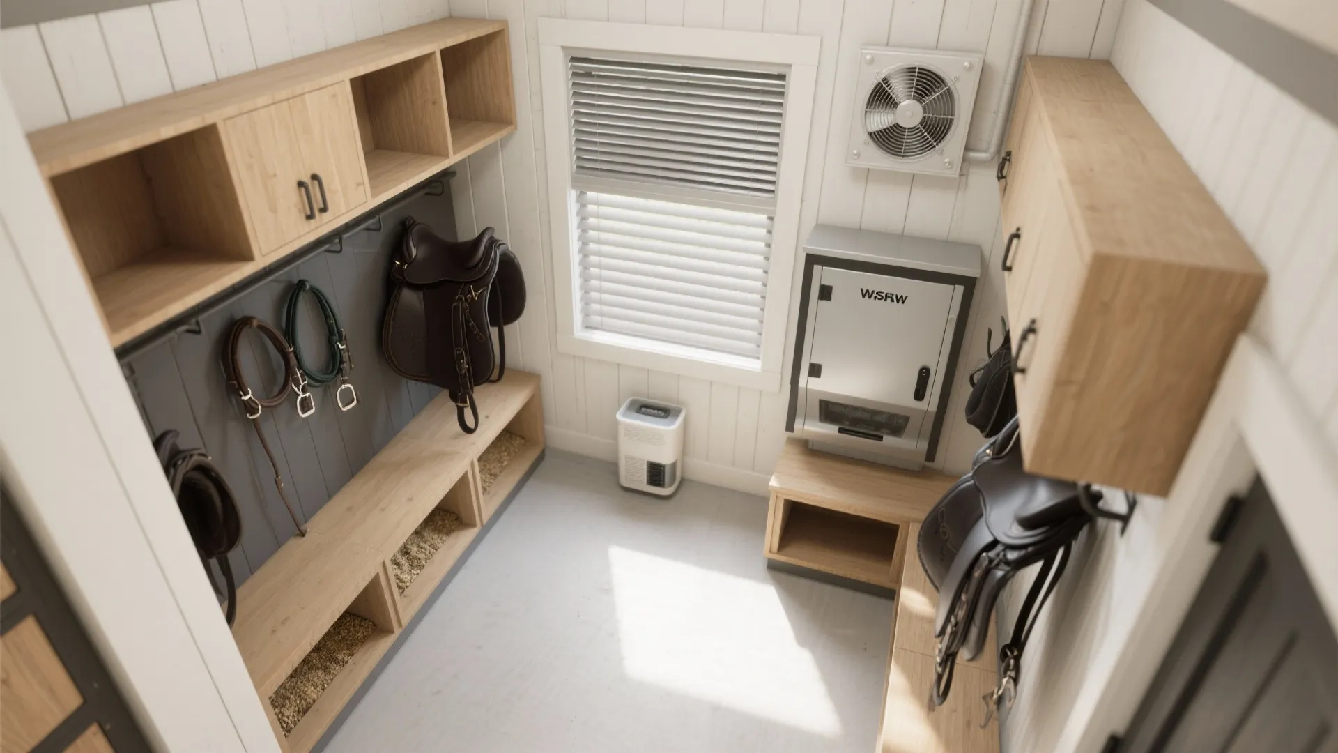 Top down view of a small storage room with wooden cabinets windows and horse saddles