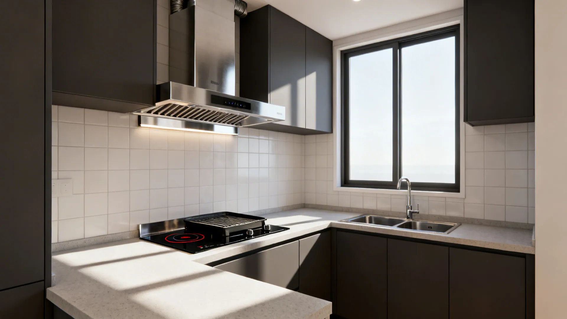 L-shaped small kitchen with an induction grill centered under a ducted hood near a window.