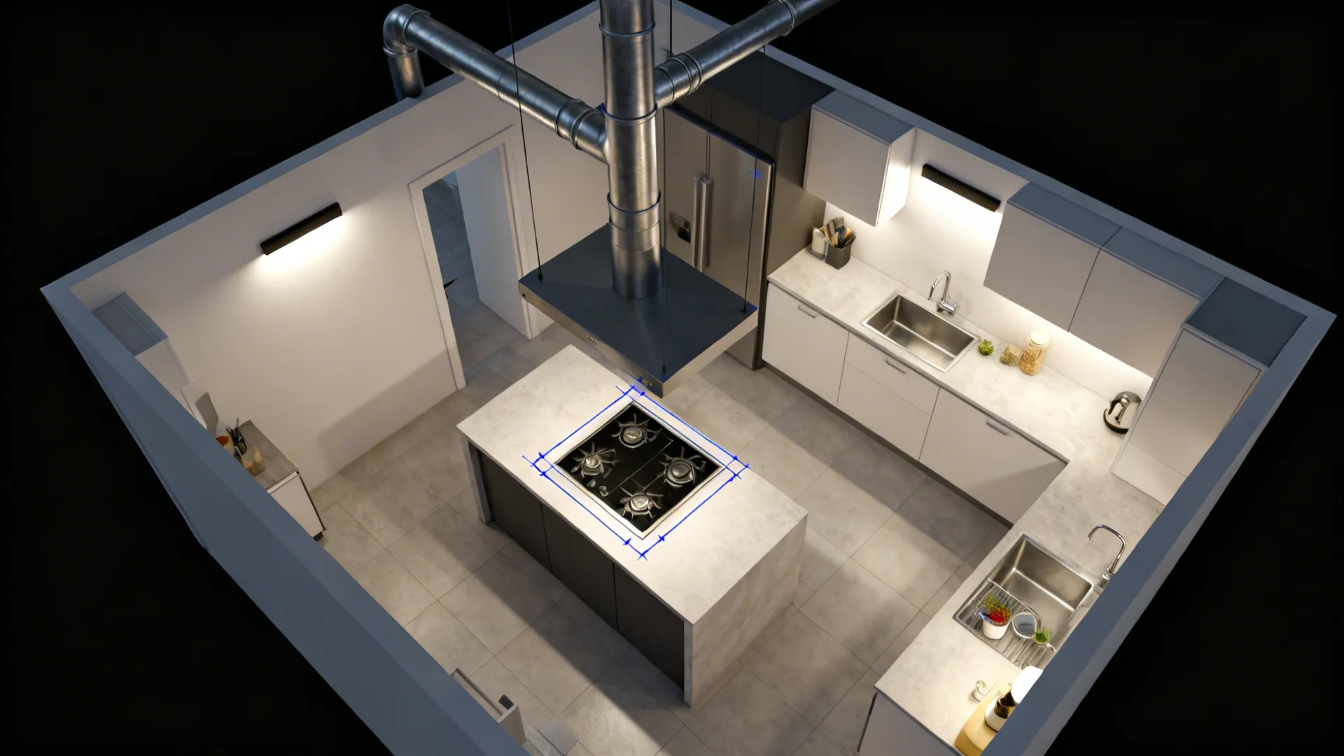 Top-down compact kitchen showing short straight ducting and hood options for ventilation