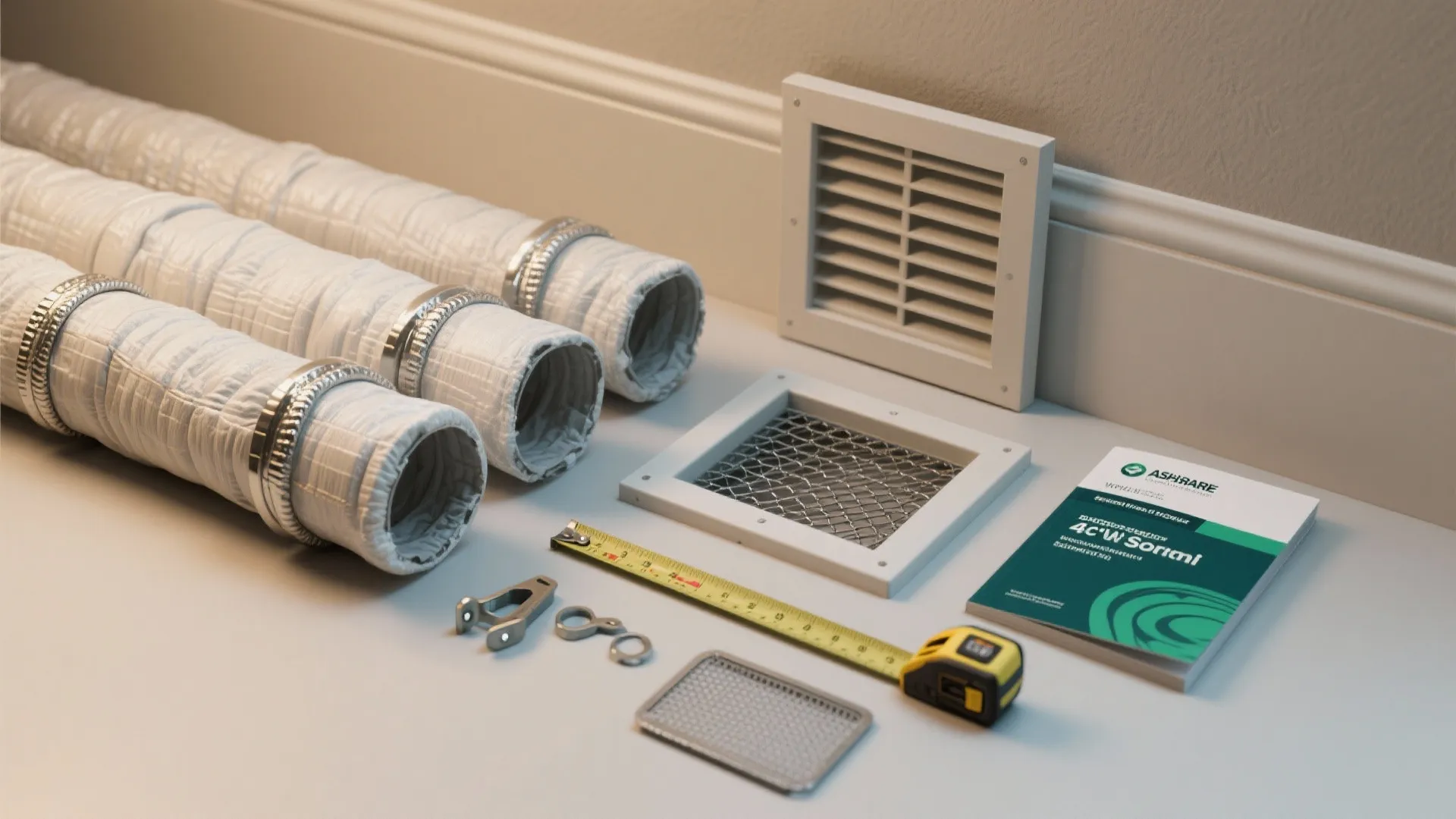 Air ventilation equipment with flexible white pipes square wall vents measuring tape and user guide manual