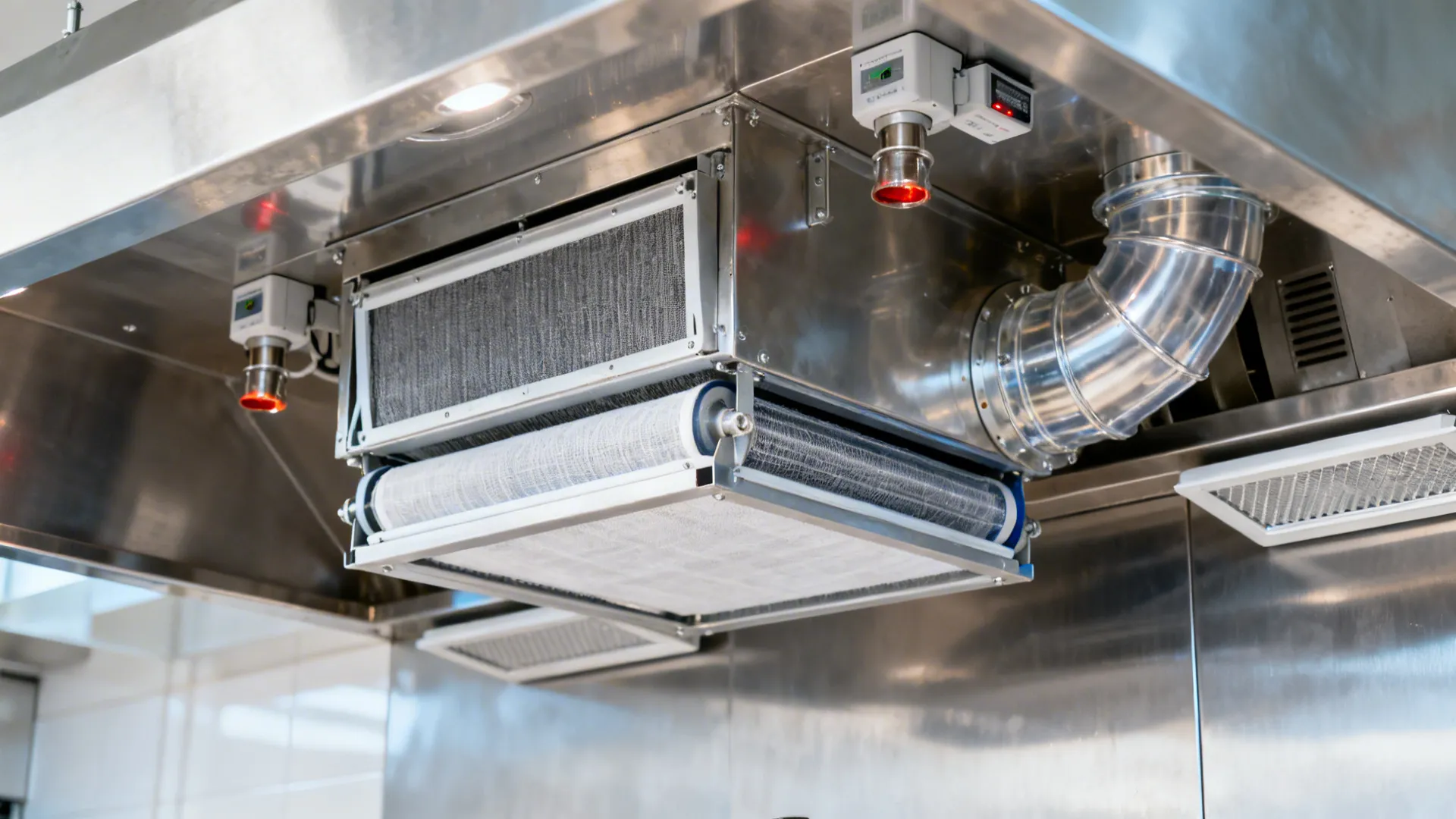 Close-up of commercial hood with two-stage filters, clean baffles, and make-up air diffusers.