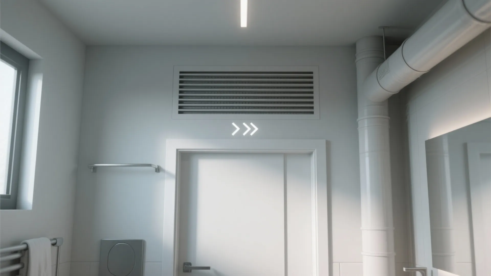 Interior design drawing of a white bathroom door with a metal air vent located above