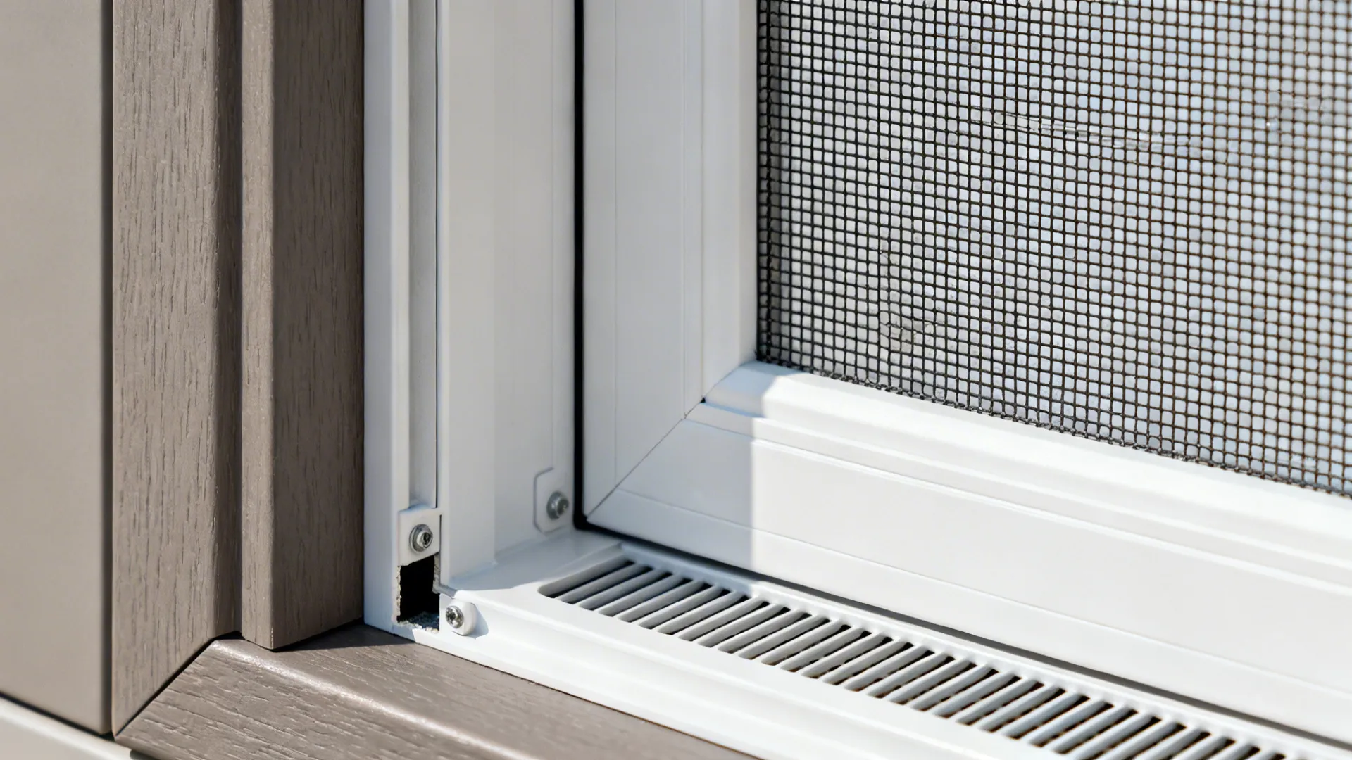 Macro of two-tone PVC door finish and sturdy lower vent grille with clean detailing.
