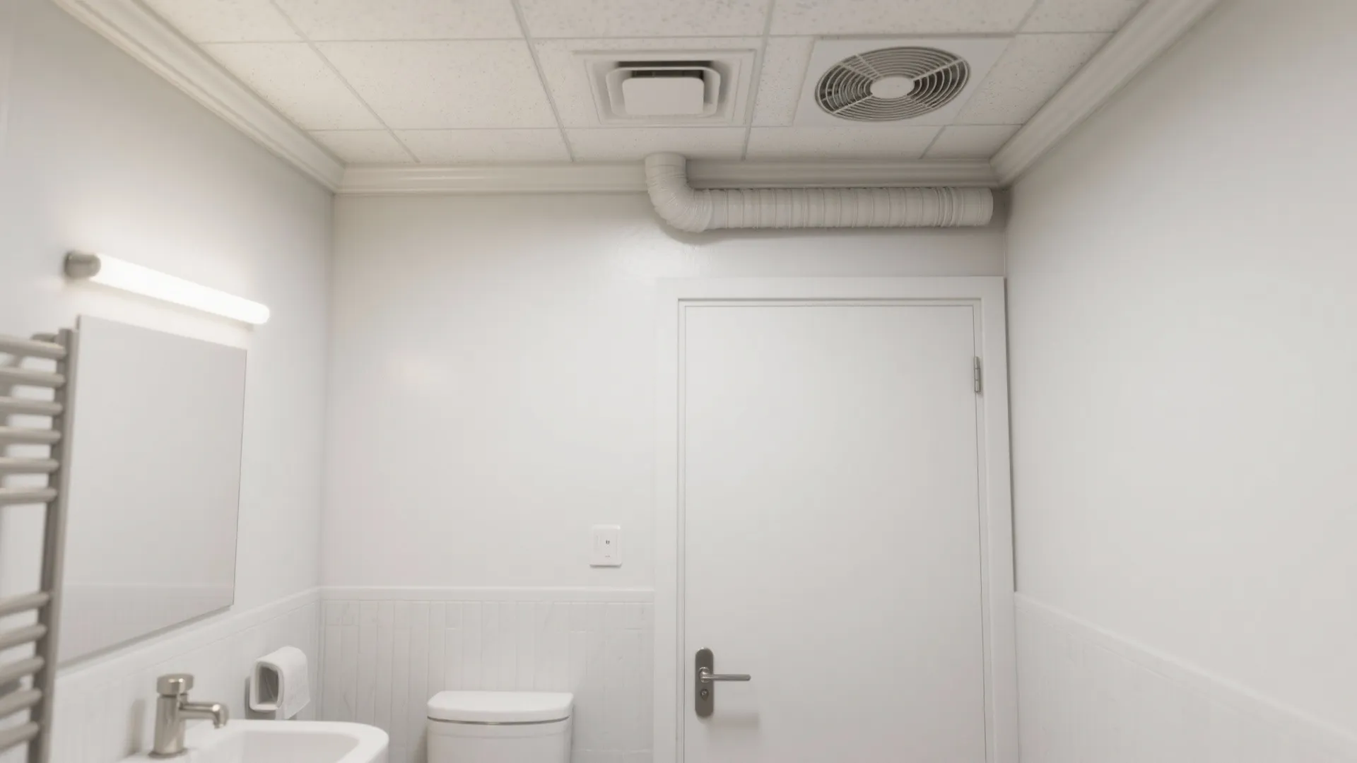White bathroom interior showing a closed door toilet sink and ceiling vents with exposed pipe