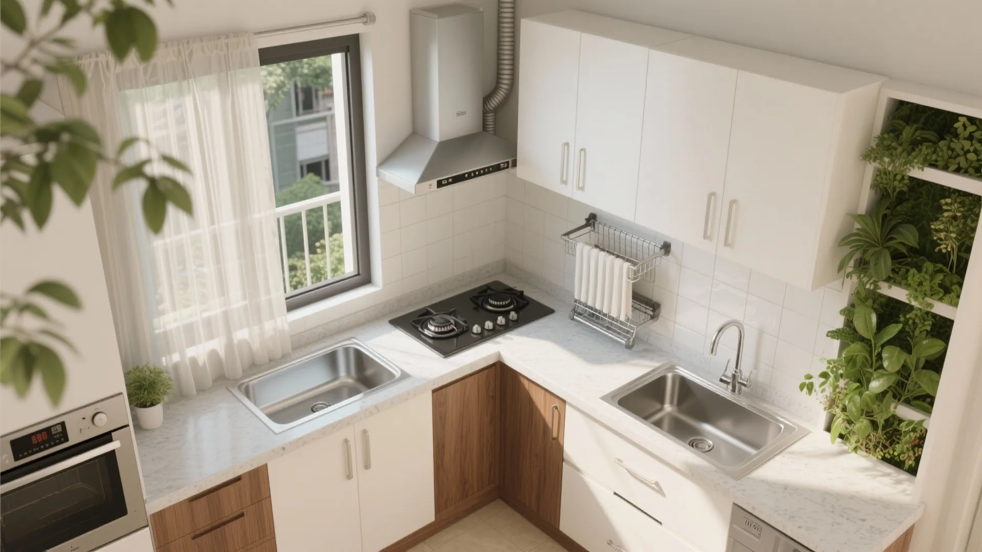 Kitchen interior design drawing showing white cabinets wooden cupboards double sink stove and wall window