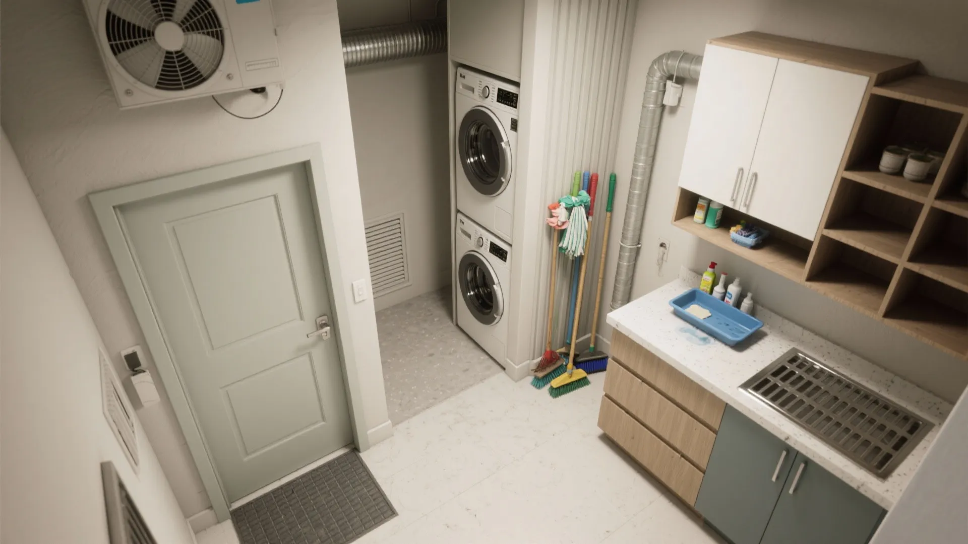 Small laundry room with stacked washer dryer green door white sink wood cabinets and supplies