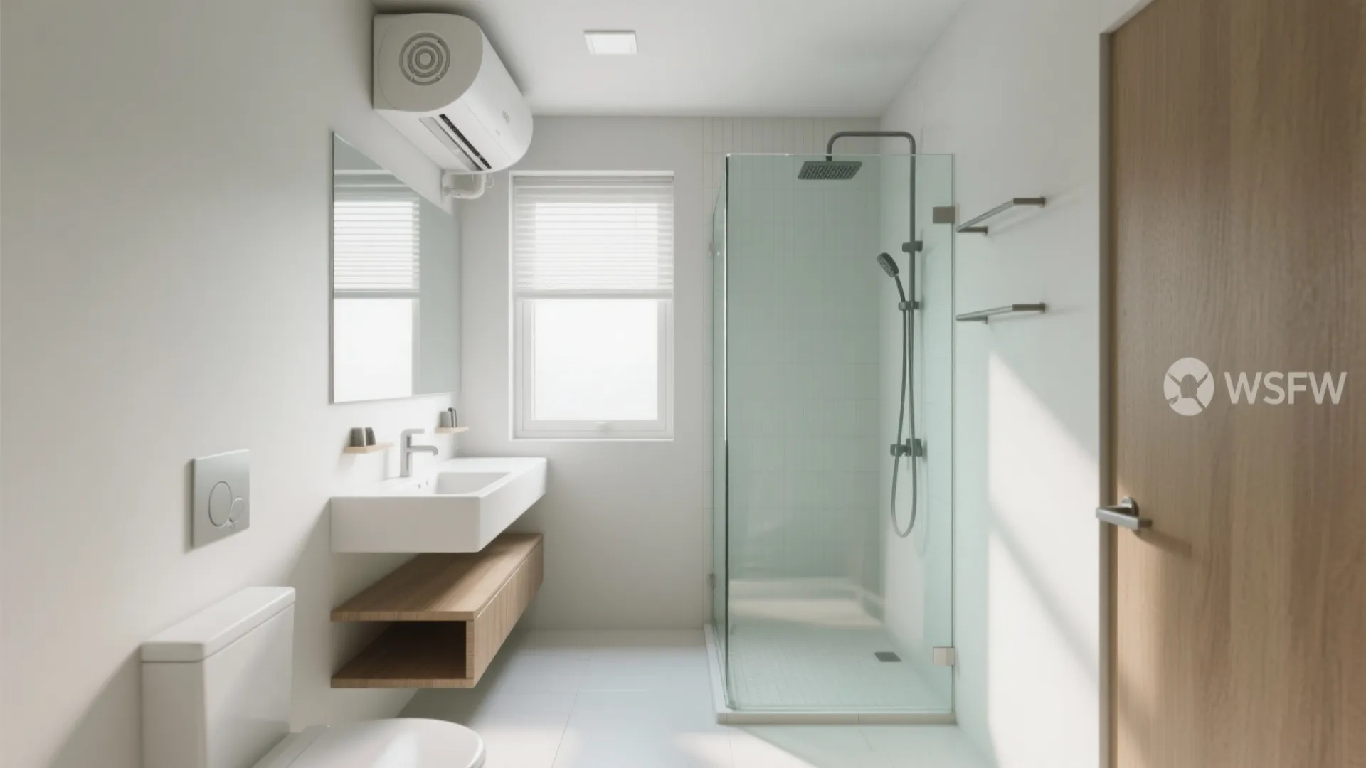 Compact bathroom with ceiling exhaust fan, floating vanity, open shelving, and squeegee by the shower.