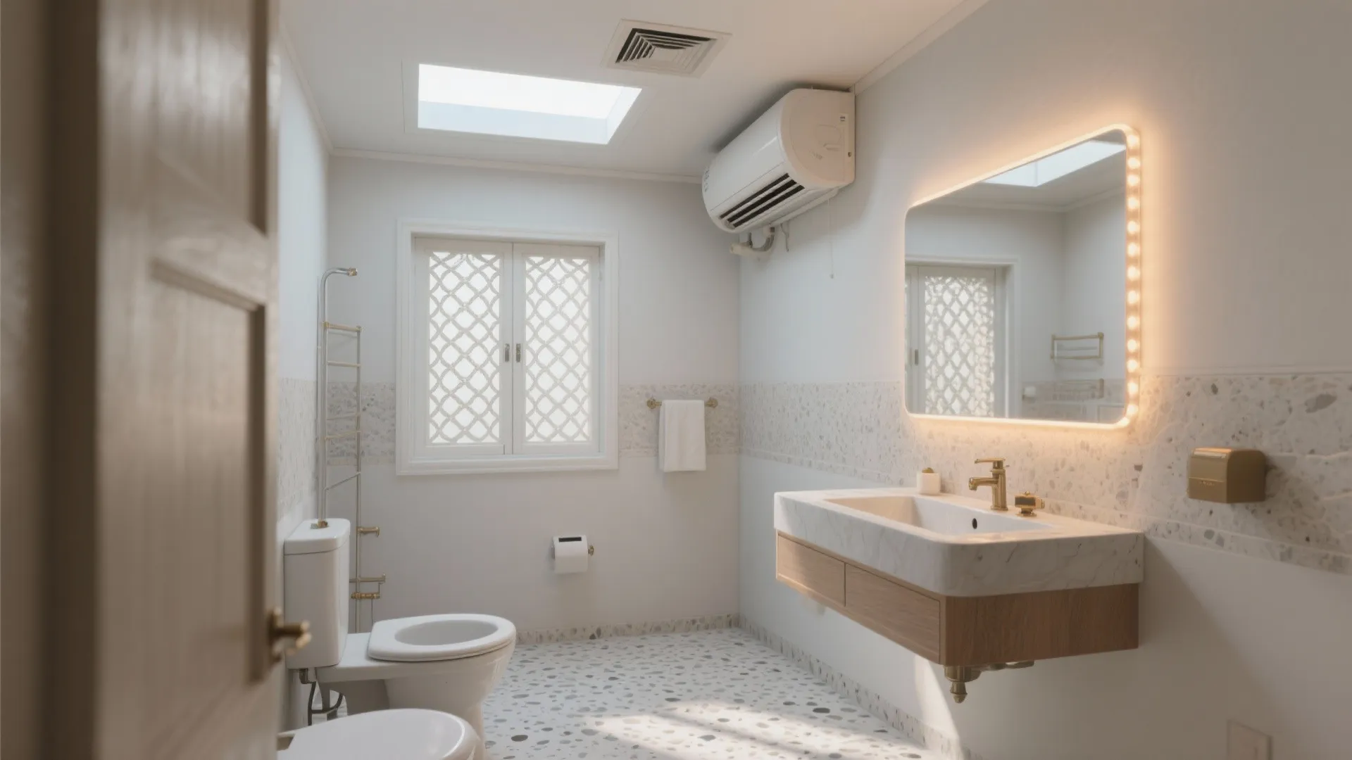Modern white bathroom with floating wood cabinet lighted mirror toilet window and roof window natural light