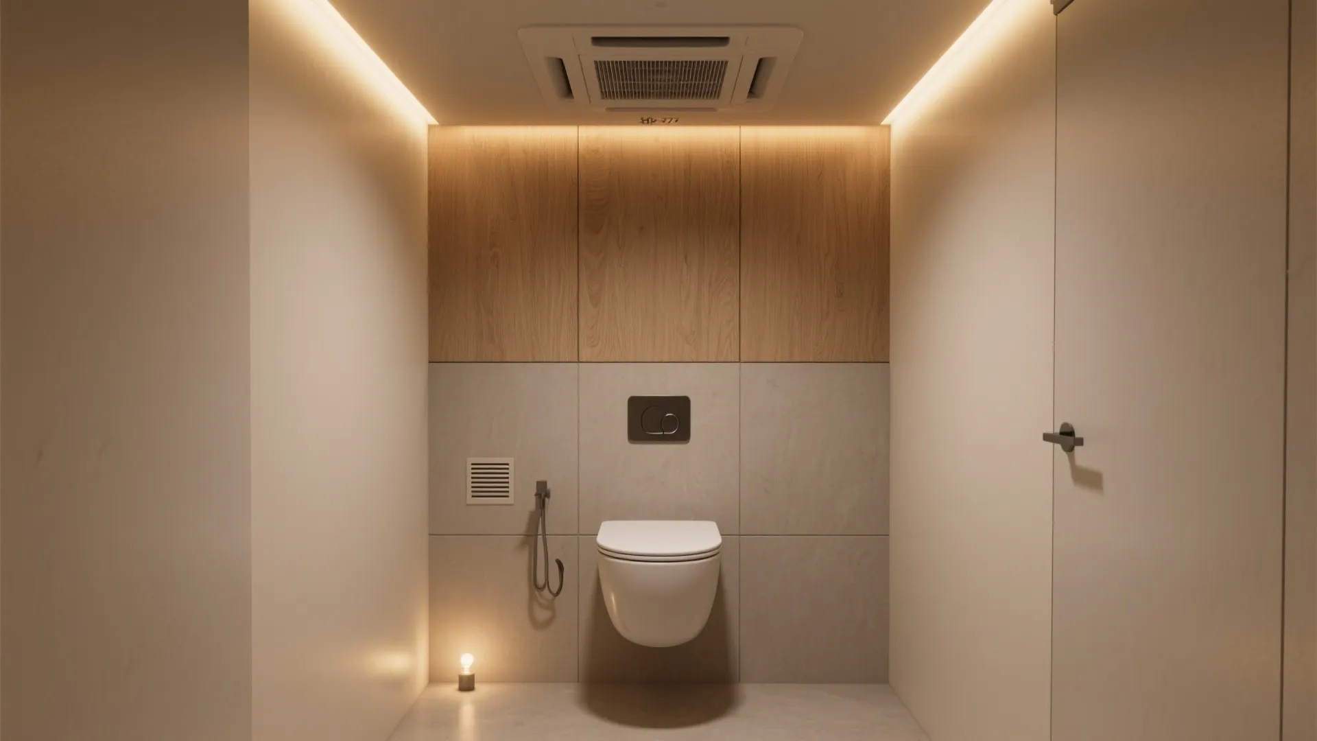 Small modern bathroom with wall mounted toilet wood panels hidden light strip and ceiling vent