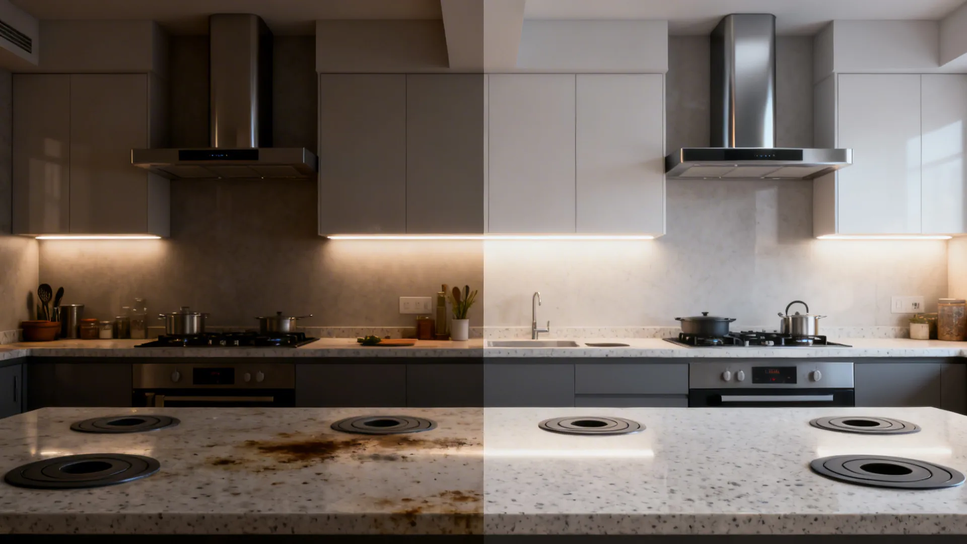 Before-and-after of a small kitchen showing upgraded ducted ventilation and bright task lighting.