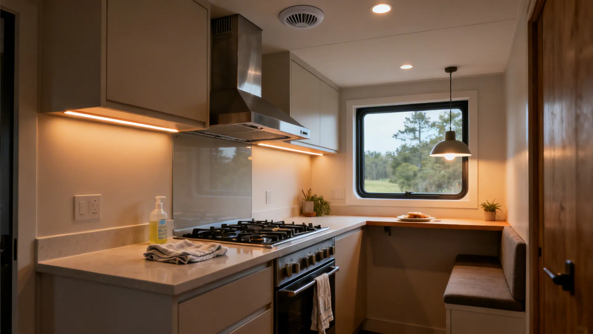 Compact kitchen with ducted hood, north window, and layered warm lighting.