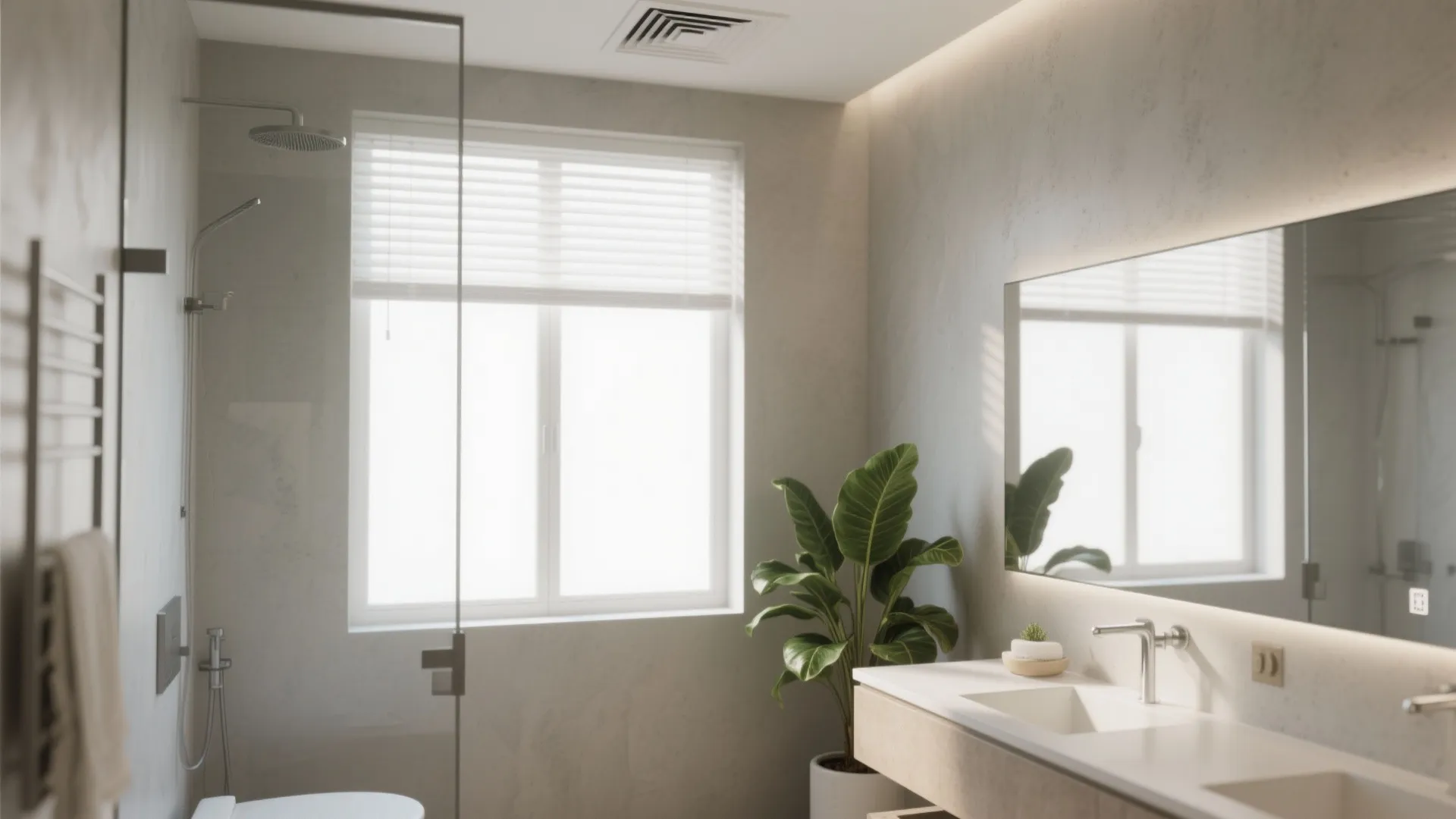 Modern bathroom with walk-in shower large mirror green plant white sink and bright natural light