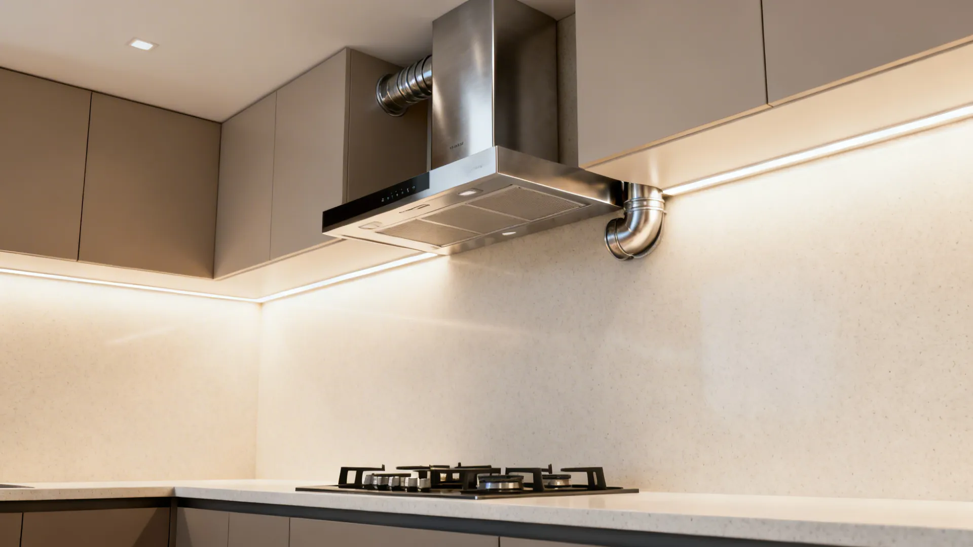 Ducted chimney with layered lighting over a light quartz countertop in a compact kitchen.