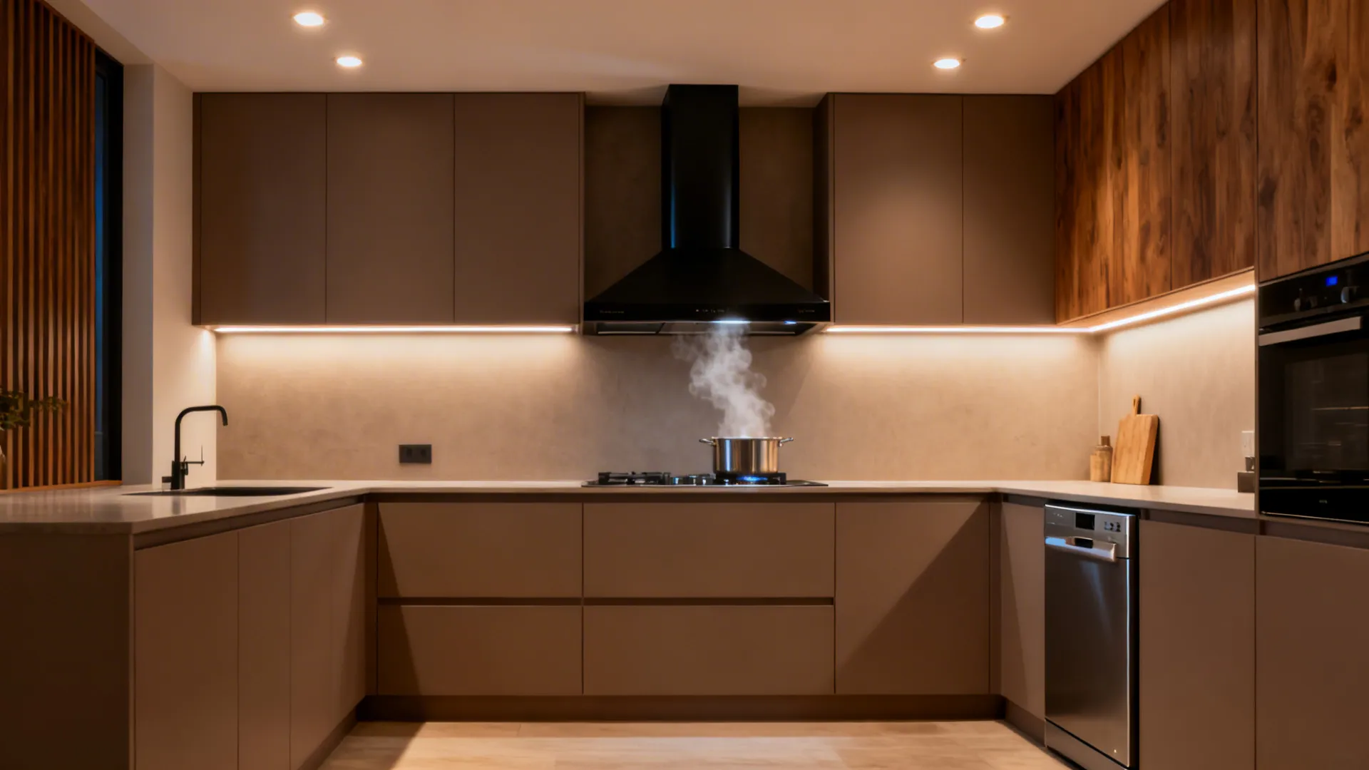 Italian-style kitchen with a sleek hood, warm layered lighting, and quiet integrated appliances.