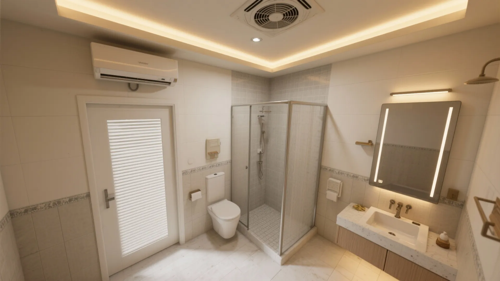 Modern bathroom view with glass shower box white toilet vanity sink and ceiling vent light