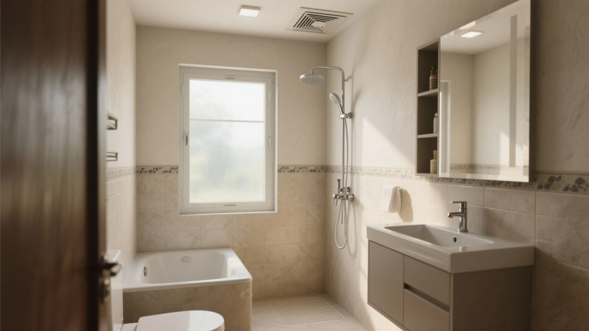 Bright bathroom with bathtub shower head sink cabinet window and ceiling air vent in cream