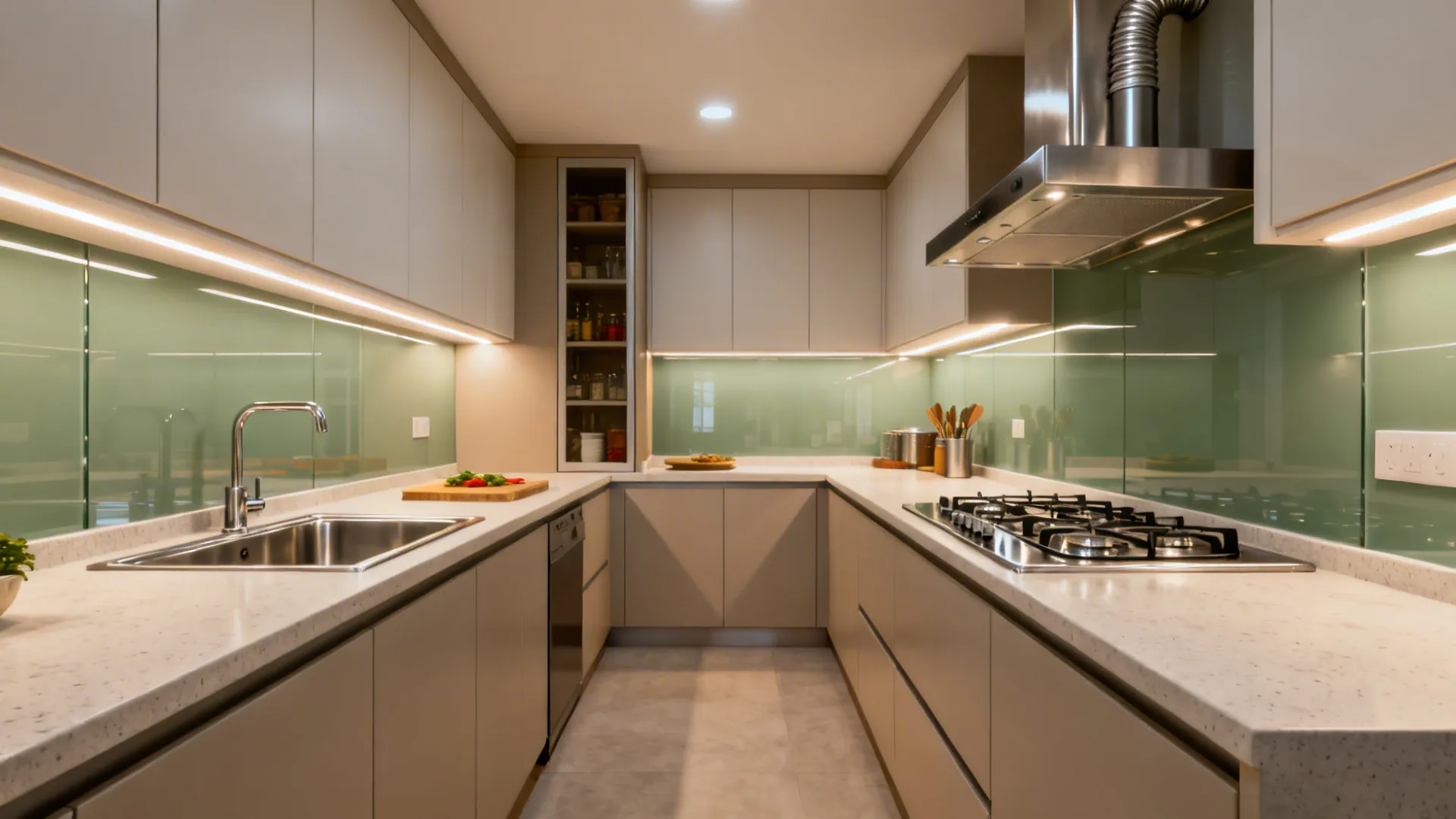 Compact kitchen with a ducted chimney, under-cabinet LEDs, and clear prep-cook-clean zones.