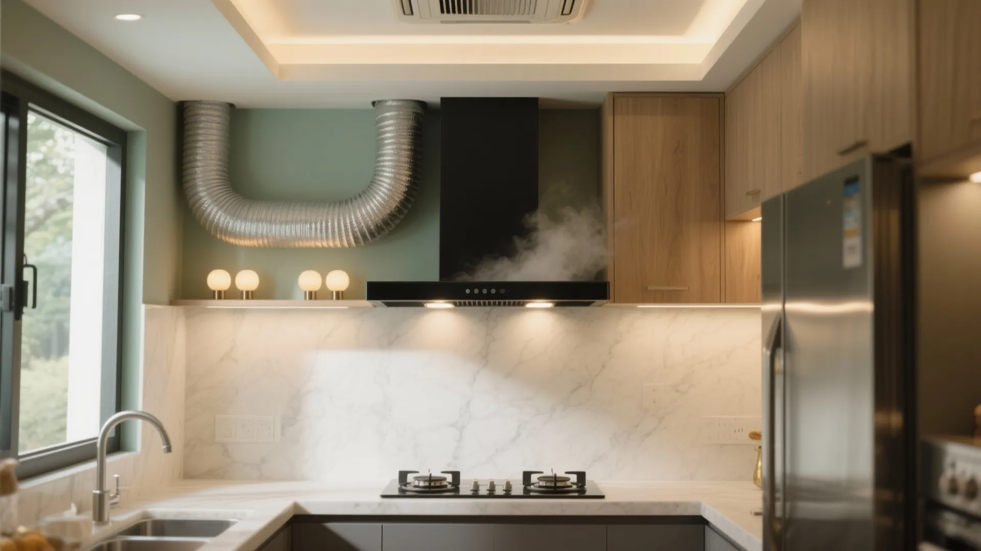 Modern kitchen featuring black range hood with steam and marble backsplash under warm cabinet lighting