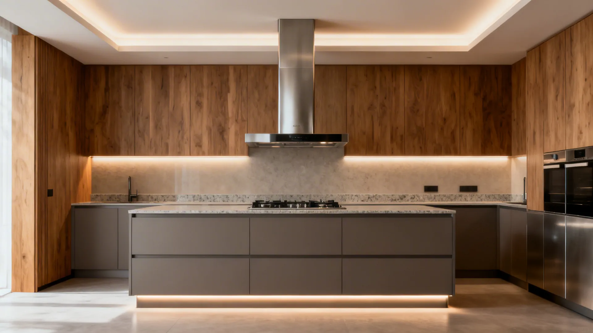 Parallel kitchen with modern chimney, layered lighting, and anti-fingerprint matte finishes.
