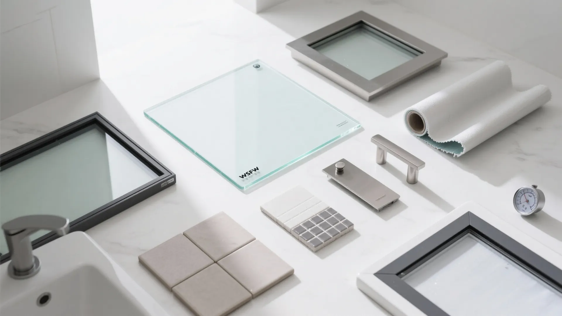 Collection of bathroom materials including glass panels tiles metal handles fabric roll and white sink