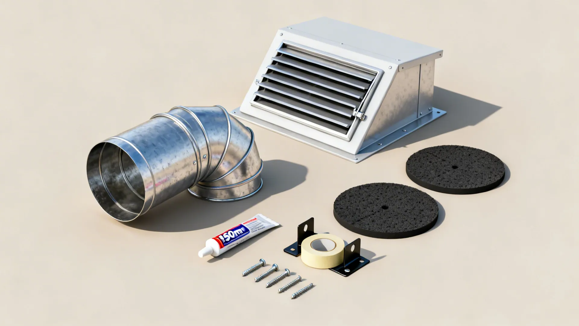 Flat-lay of 150 mm duct, elbow, wall cowl with damper, charcoal filters, and mounting hardware.
