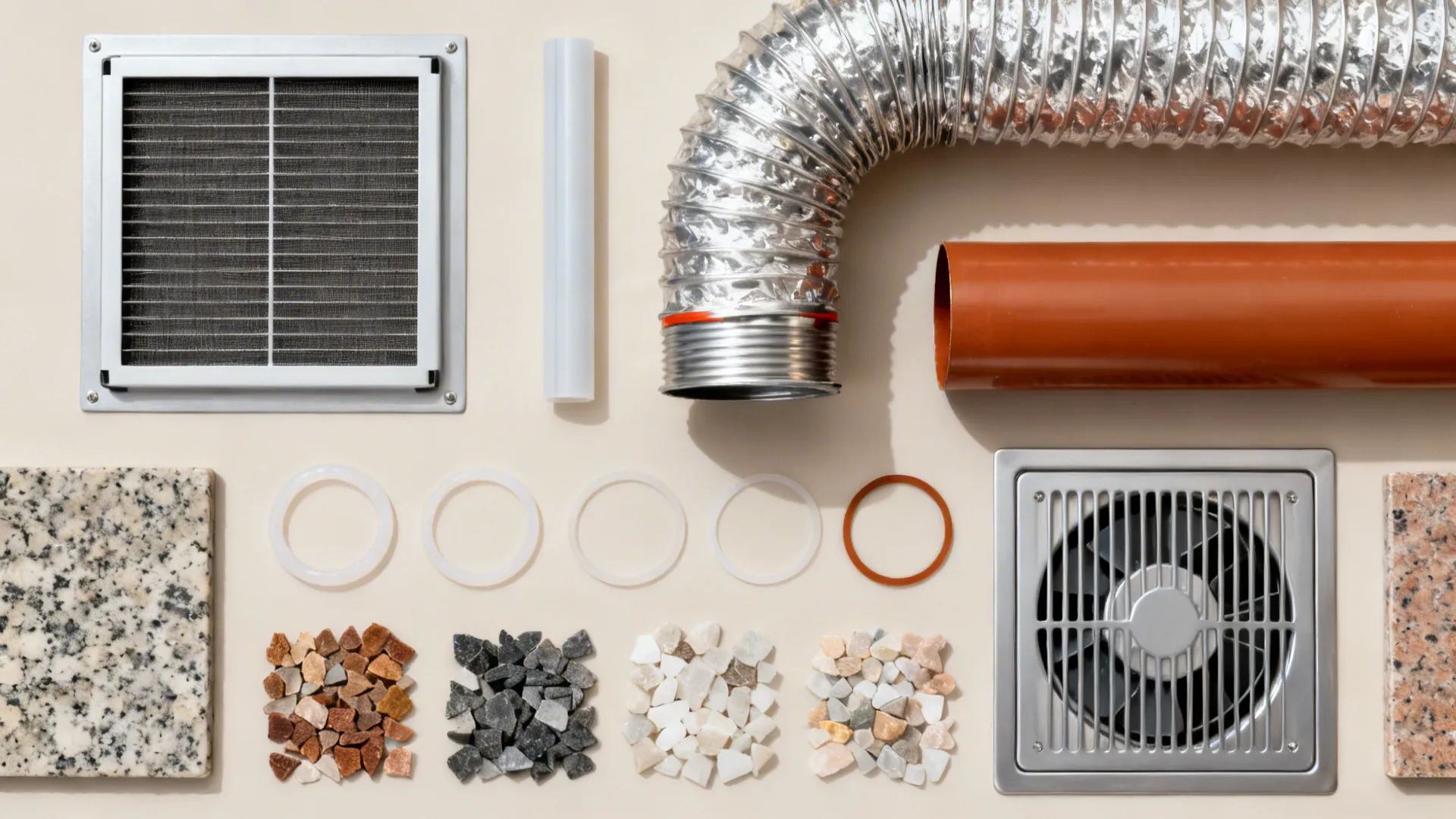 Flat lay of baffle filter, rigid ducting, gaskets, and quartz and granite samples for a grease-ready kitchen.