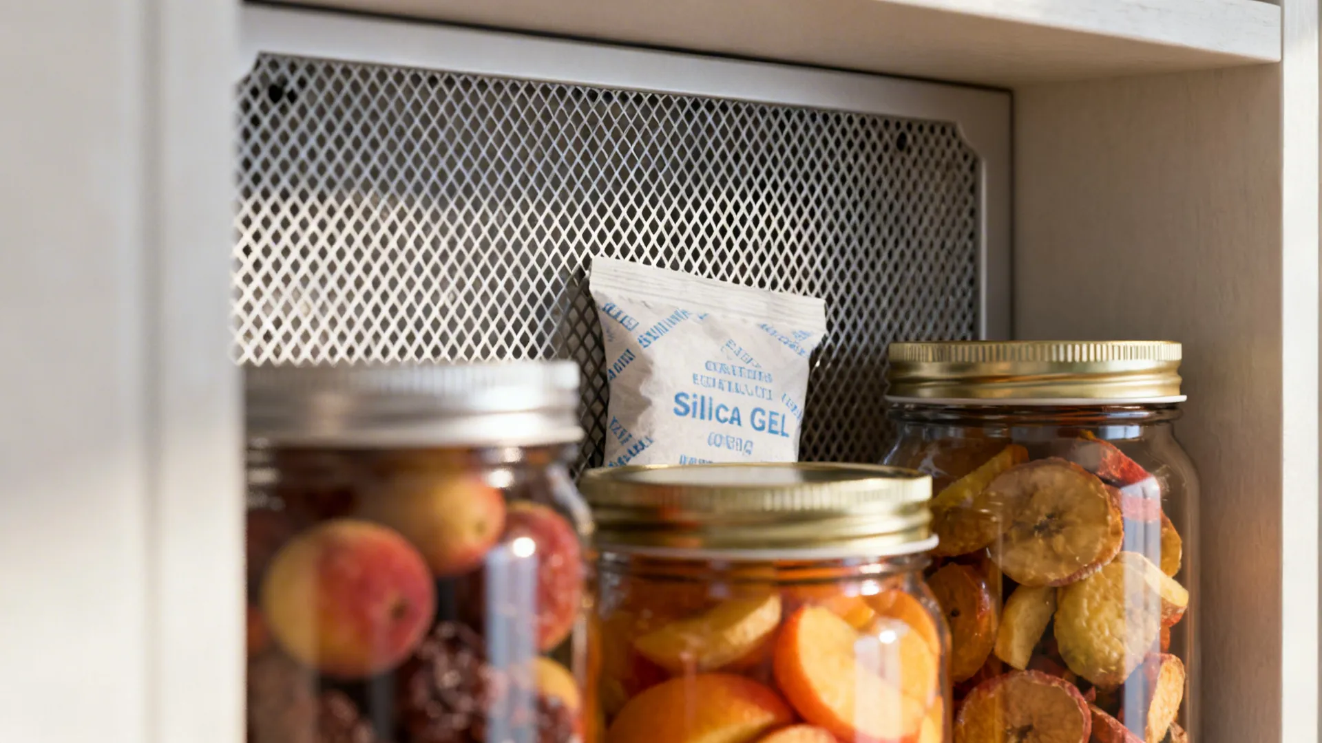 Glass jars with dried fruit and a silica gel packet in a cabinet with mesh