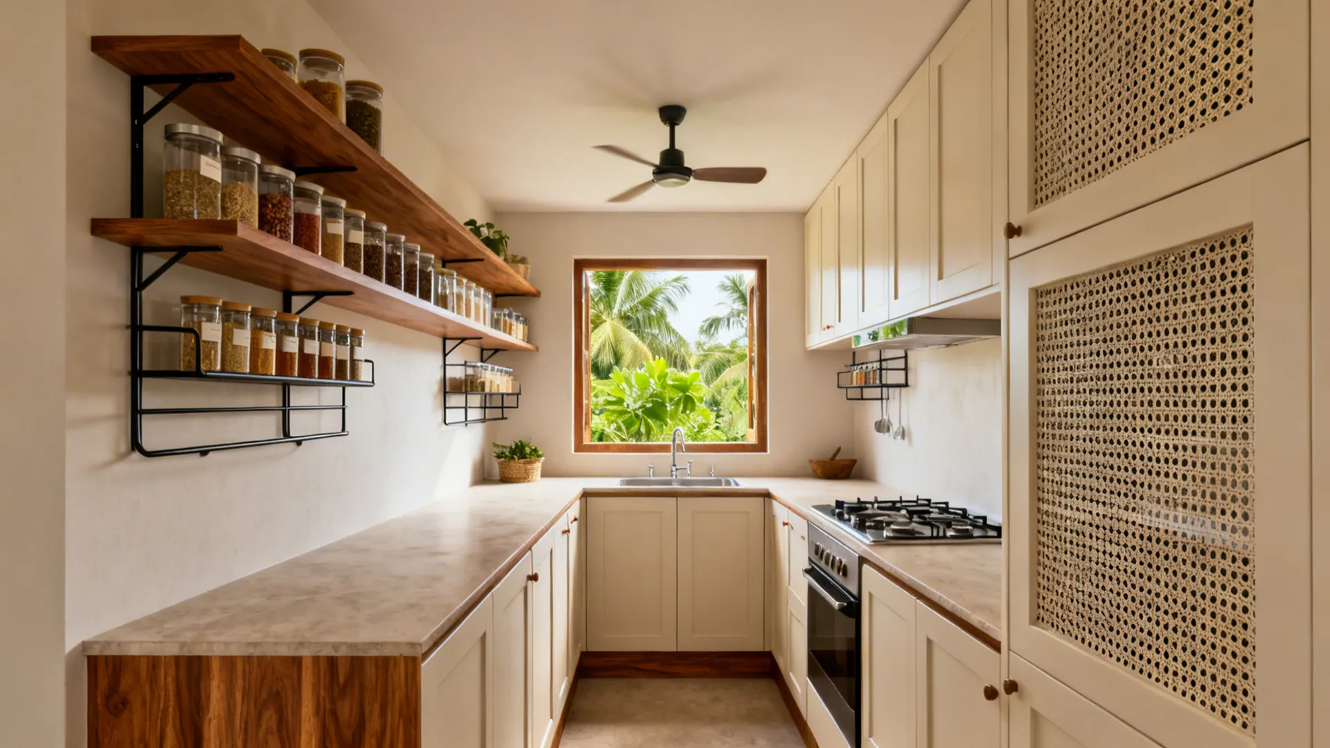 Minimal Sri Lankan galley kitchen with open shelves and perforated cabinets for airflow.