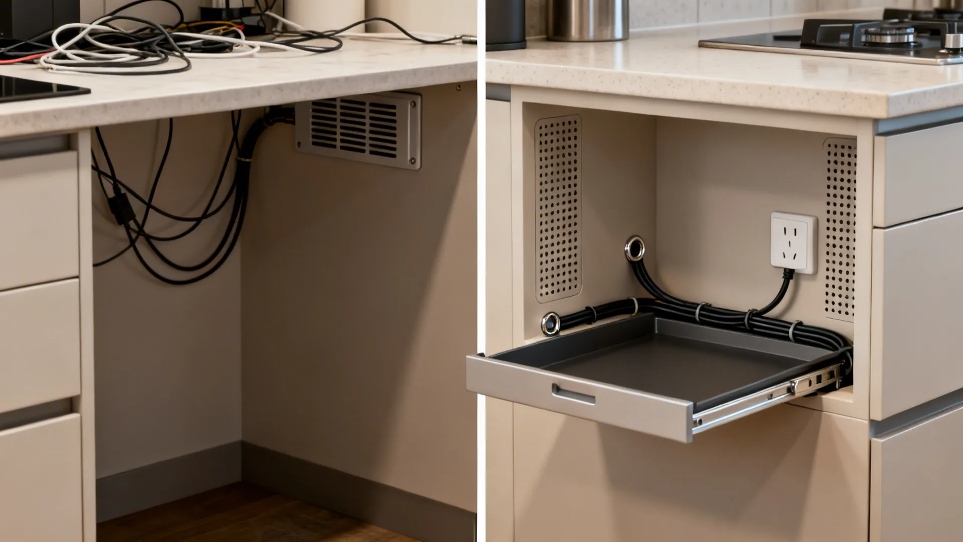 Before-and-after comparison of a cluttered counter versus a ventilated nook with a slide-out tray.