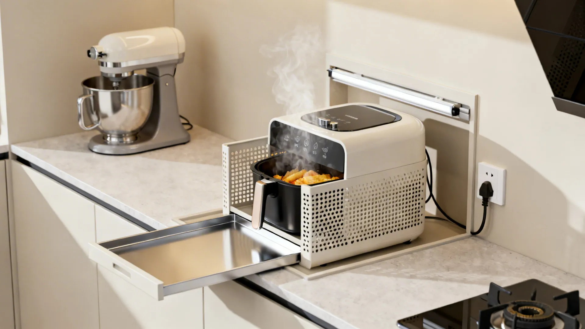 Ventilated counter nook with a slide-out tray holding an air fryer and clear rear airflow.