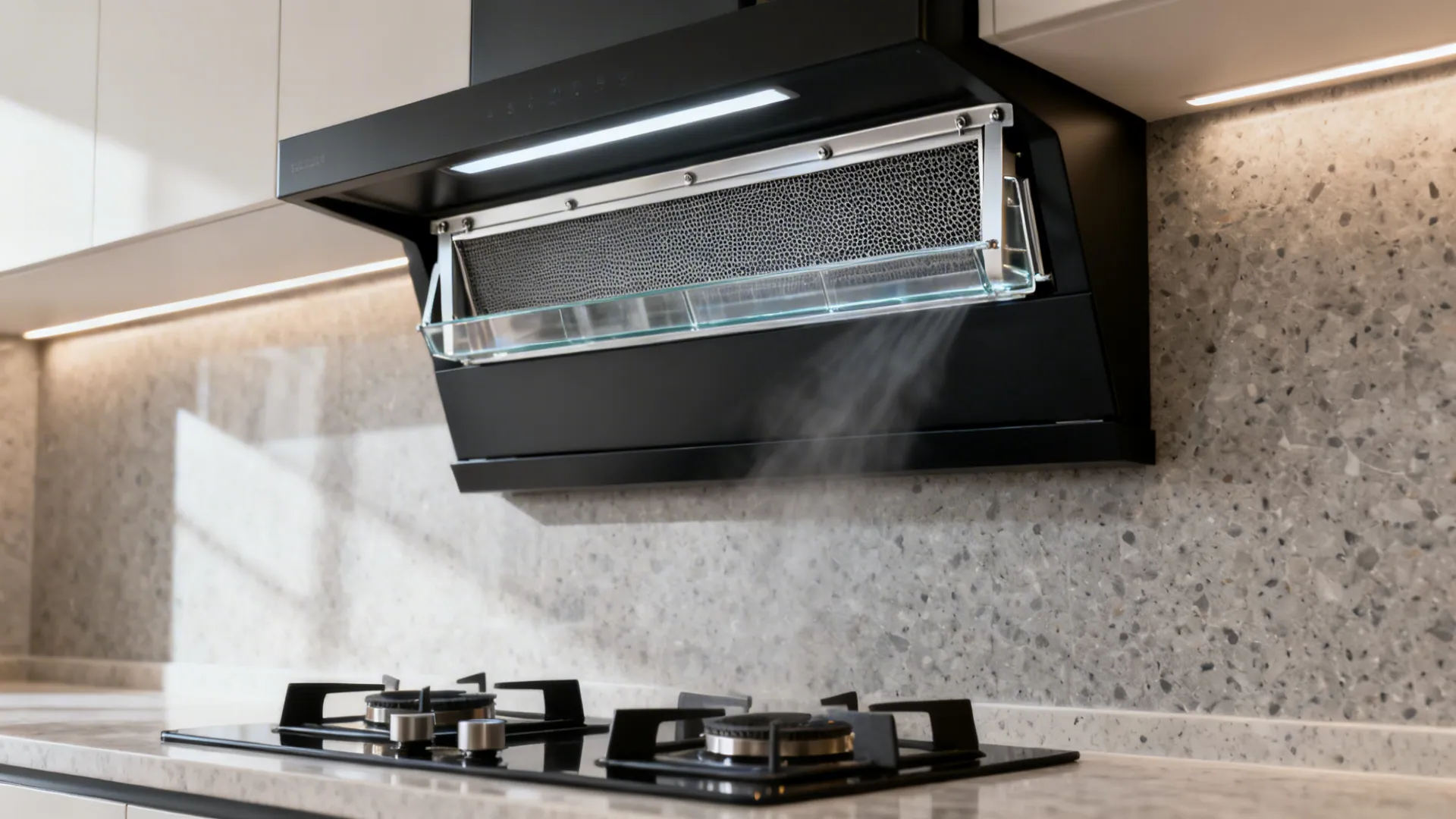 Hob zone with a vent-optimized aluminium frame, fine stainless mesh, and demister guiding fumes to the hood.