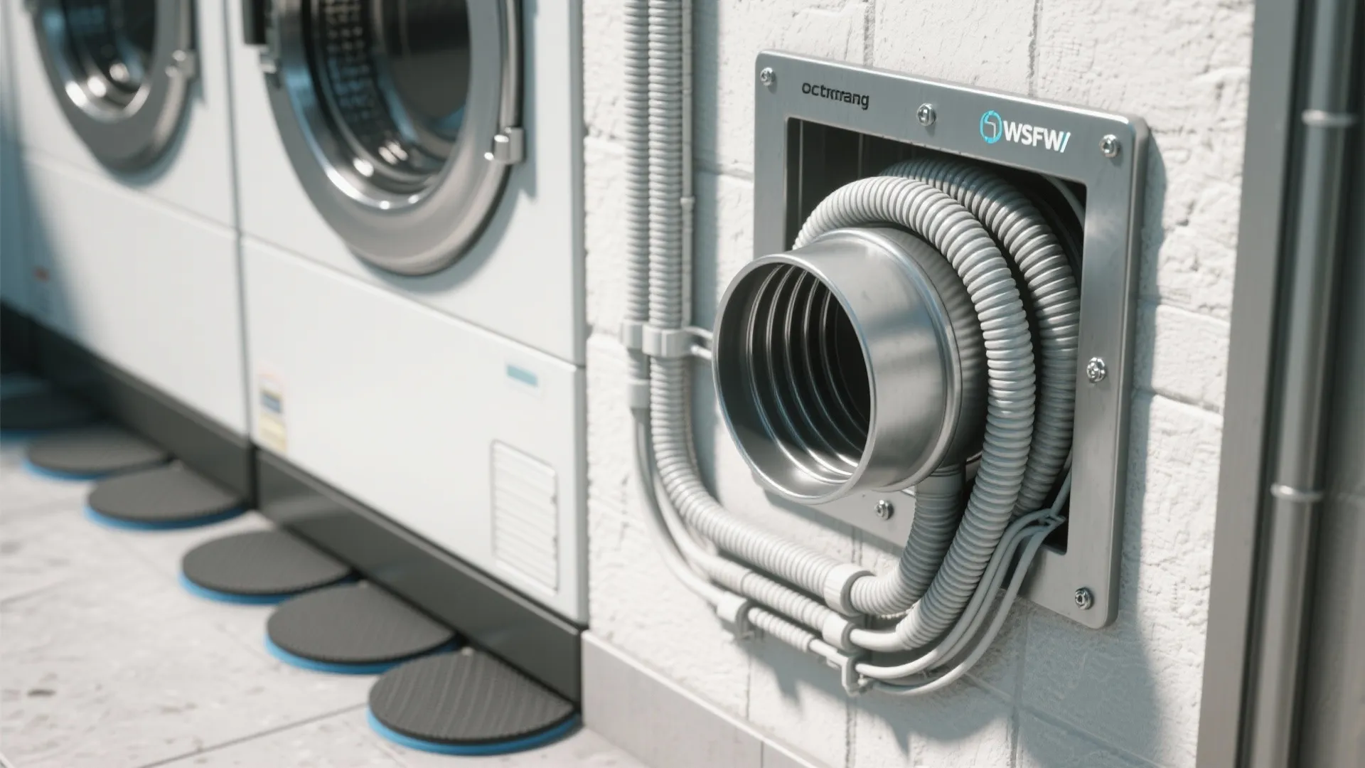 Close-up of a dryer vent, braided hoses, and anti-vibration pads showing neat serviceable plumbing and ventilation.