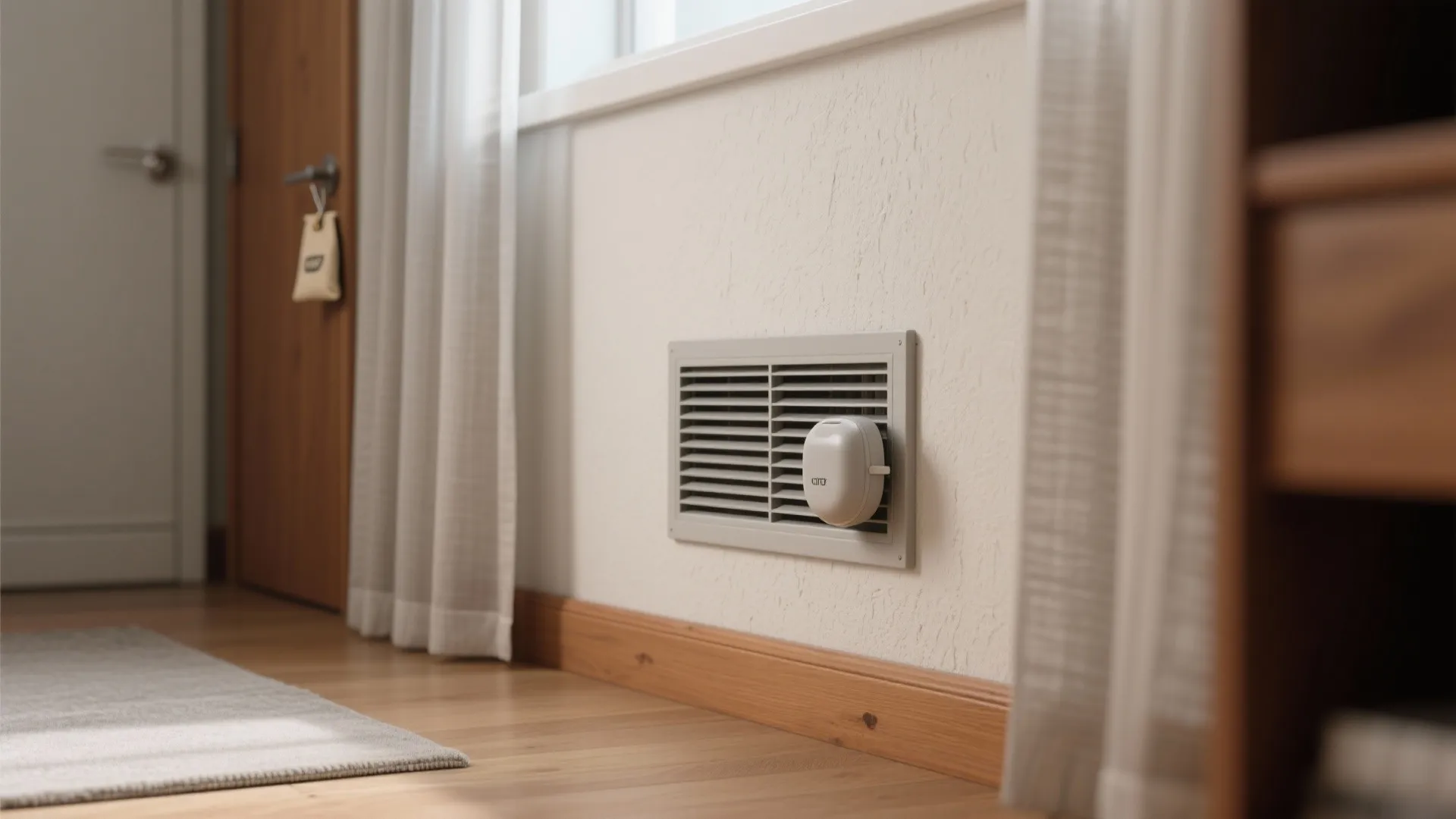 Wall vent with white air freshener device installed near floor curtains and a wooden door handle