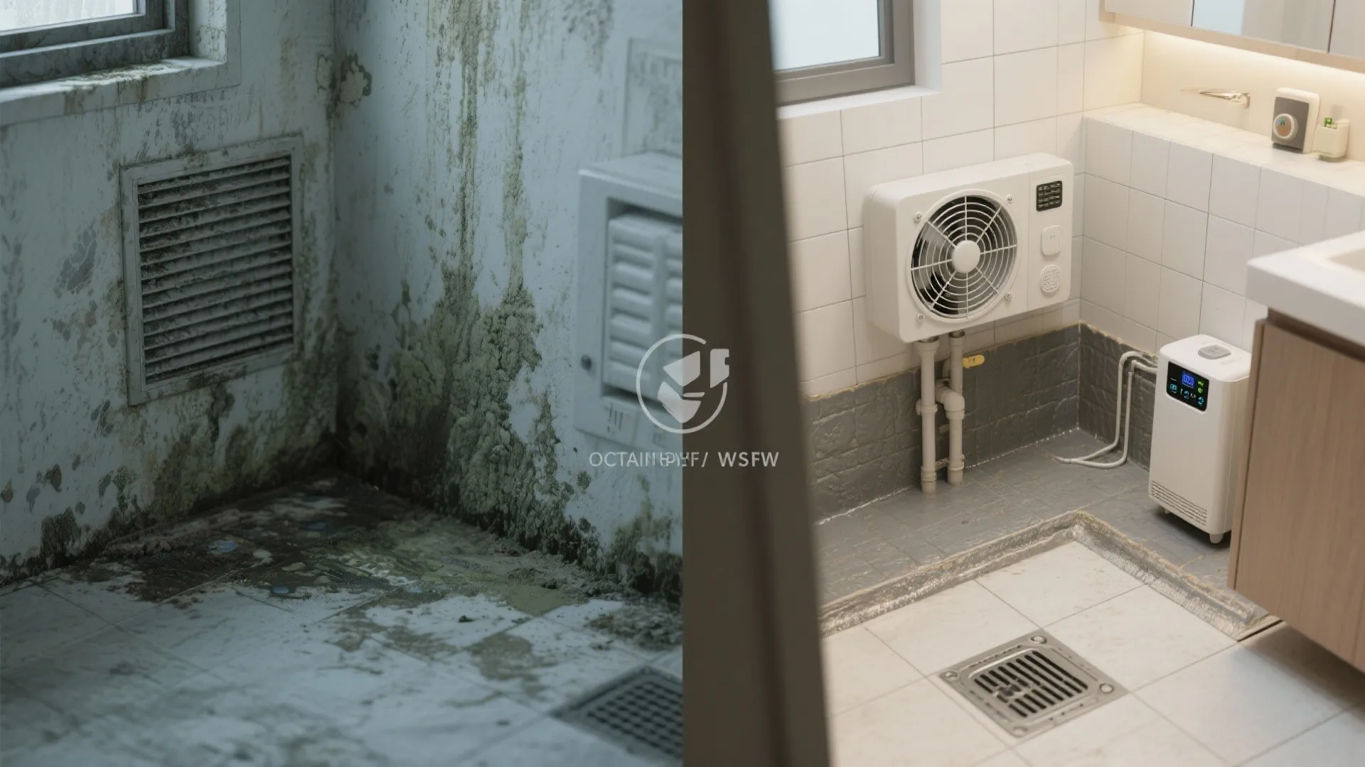Before-and-after comparison showing mildew and poor ventilation versus a waterproofed, well-ventilated bathroom with fan and dehumidifier.
